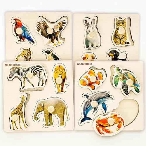 QUOKKA Rompecabezas de madera para niños pequeños de 1 a 3 – 4 juegos de rompecabezas con clavijas para niños de 2 a 4 años – Juguete de aprendizaje