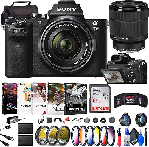 Sony Cámara sin espejo a7 II con lente de 1.102-2.756 in (ILCE7M2K/B) Lente FE de 1.102-2.756 in + kit de filtro + lente gran angular + lente de