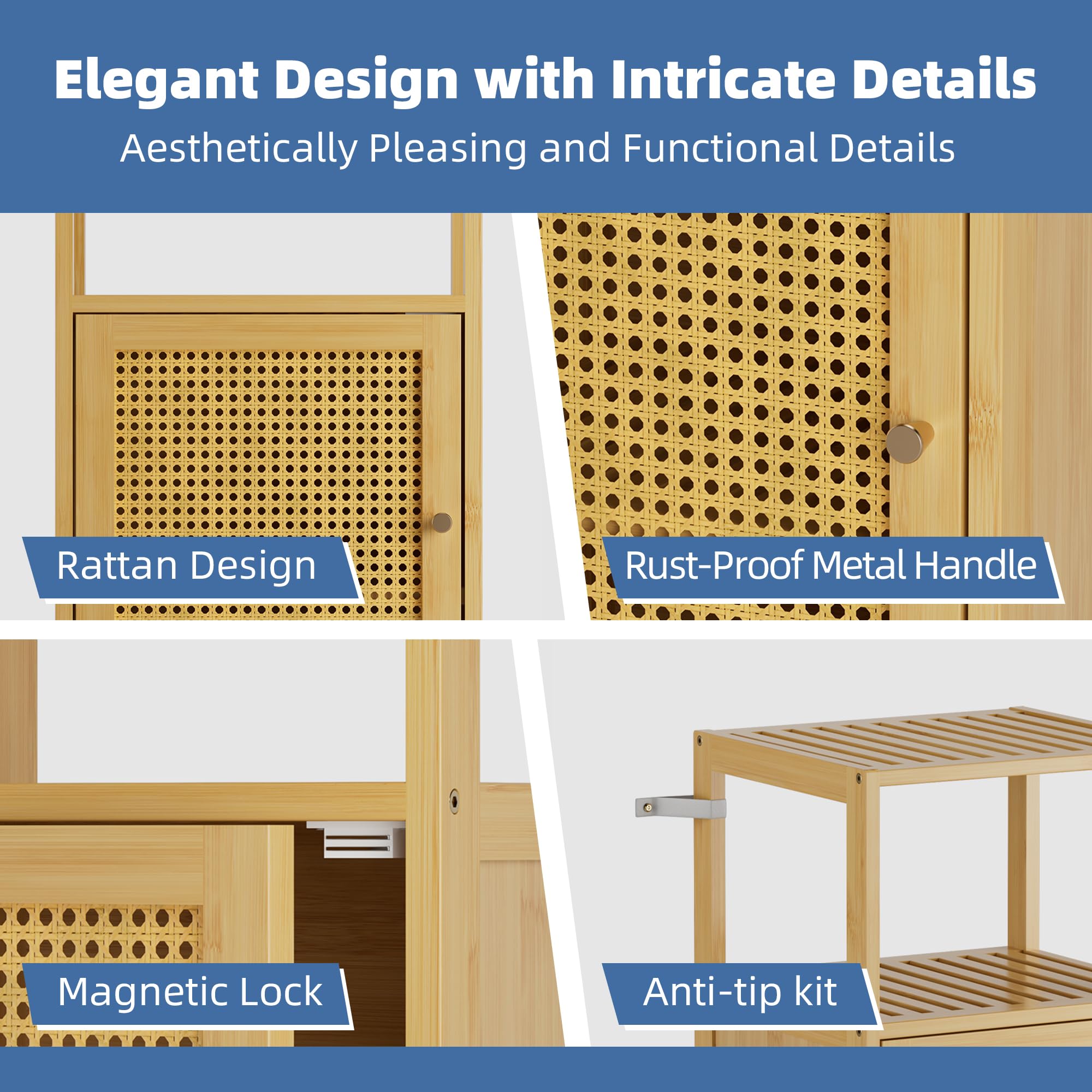 HITNET Mueble Baño Pequeño de Ratán, Armario Auxiliar Baño de Bambú, Gabinete de Almacenamiento Independiente de una Puerta con Estanterías Abiertas, para Sala de Estar, Cocina, Entrada, Natural