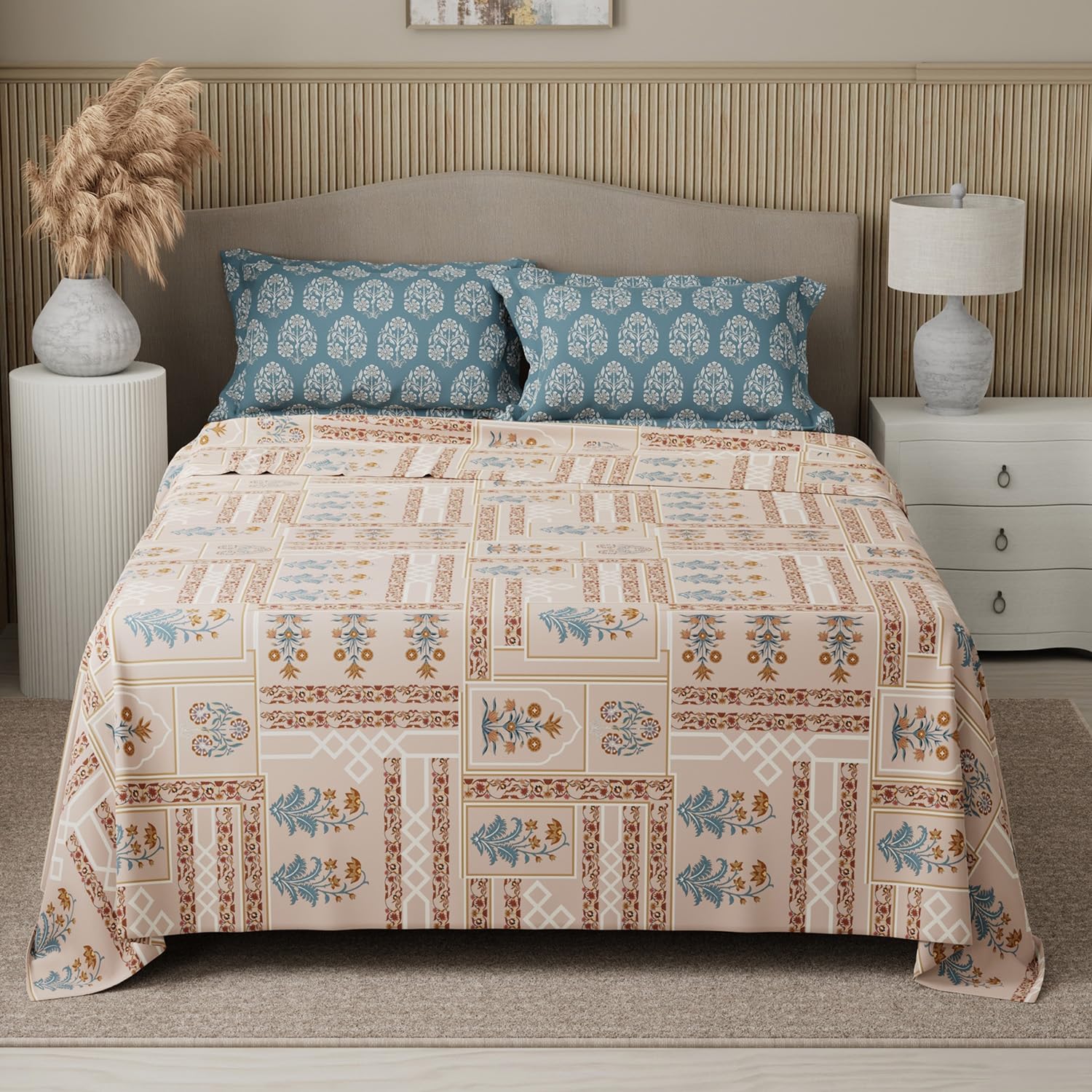 BOUTIQUE LIVING Valatia 100% Cotton 200 TC Karigari Printed Double Bedsheet with 2 Pillow Covers - Brown & Pink-image-32