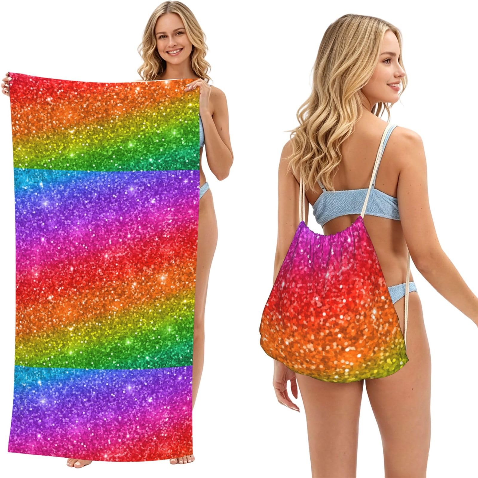 Poadnly As Picture Colorful Glitter, 2 In 1 Packable Towel Bag, Beach Towels With Drawstring Backpack For Travel Holiday Camping