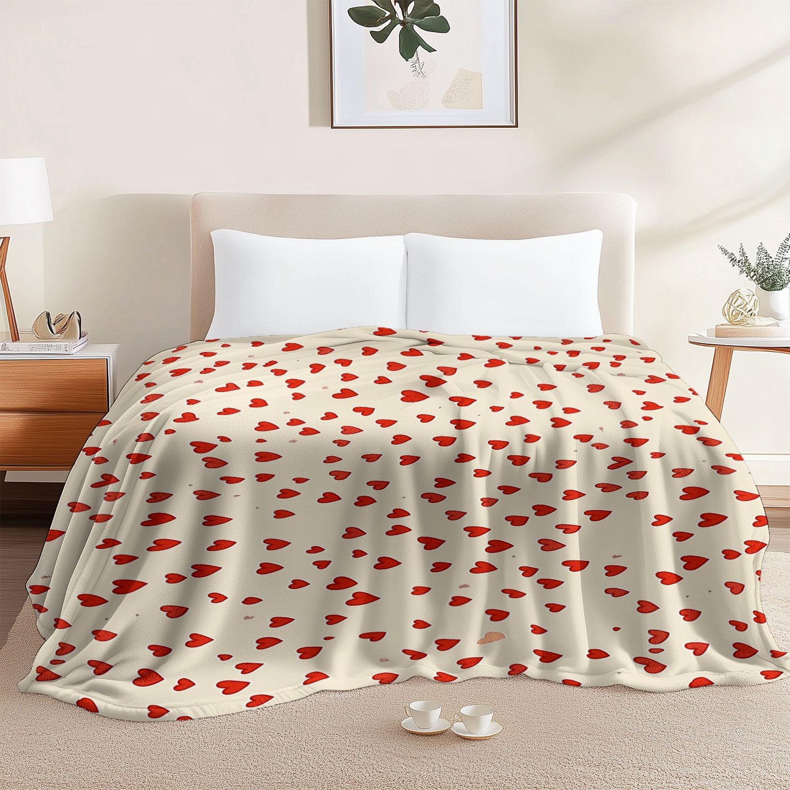 Nowy termiczny super miękki flanelowy koc narzuta na łóżko podwójne (200 x 220 cm) - kremowy miękki ciepły gruby dwustronny pokrowiec na sofę, minimalizm romantyzm miłość koc na sofę do salonu