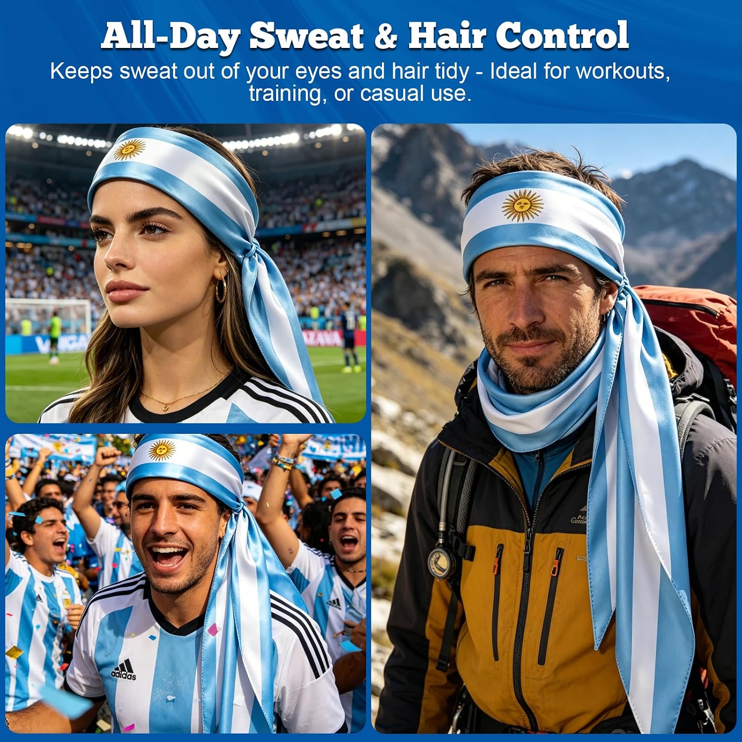 World Cup Argentina Flag Inspired Head Scarf, Light Blue and White Sun of May Head Scarf for Fans, Versatile Tie-Back Headwrap for Sports Events and Celebrations