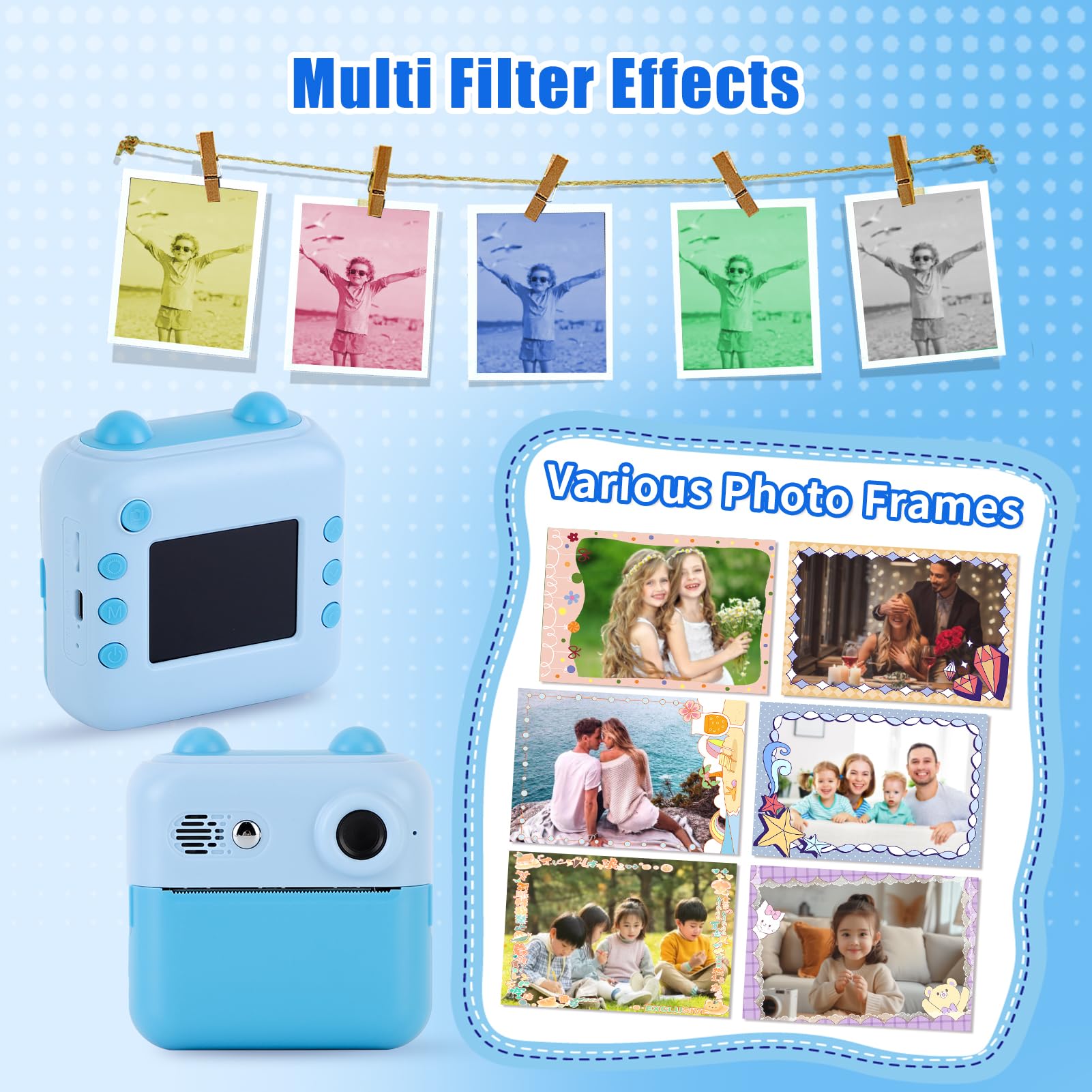 Gugxiom Kids Camera Instant Print, Fotocamera Digitale per Bambini con Scheda SD da 32 GB e 3 Rotoli Di Carta per Stampante, Fotocamera per Bambini per Ragazzi e Ragazze (blu)
