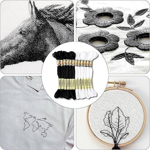 Miniatura 3 de Xiphum 12 madejas de hilo de bordado profesional, hilos de bordado en blanco y negro, juego de hilos de bordado de 26.2 ft para punto de cruz,