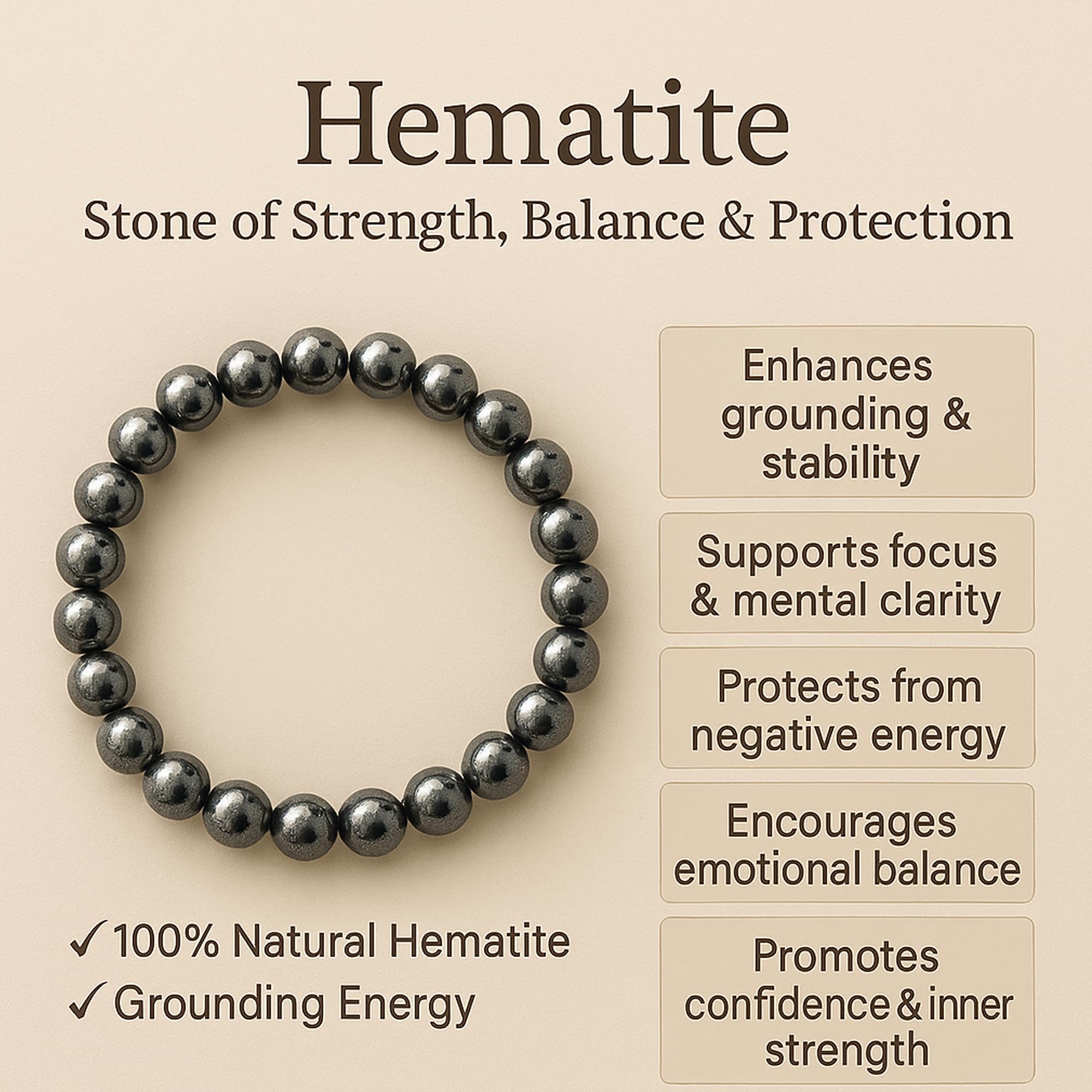 Serein Hematite Bracelet Natural Healing Crystal Stone 8mm Bead Bracelets for Focus, Mental Clarity & EMF Shielding, Money, Success & Positive Energy Balance Root Chakra Healing for Men & Women 1