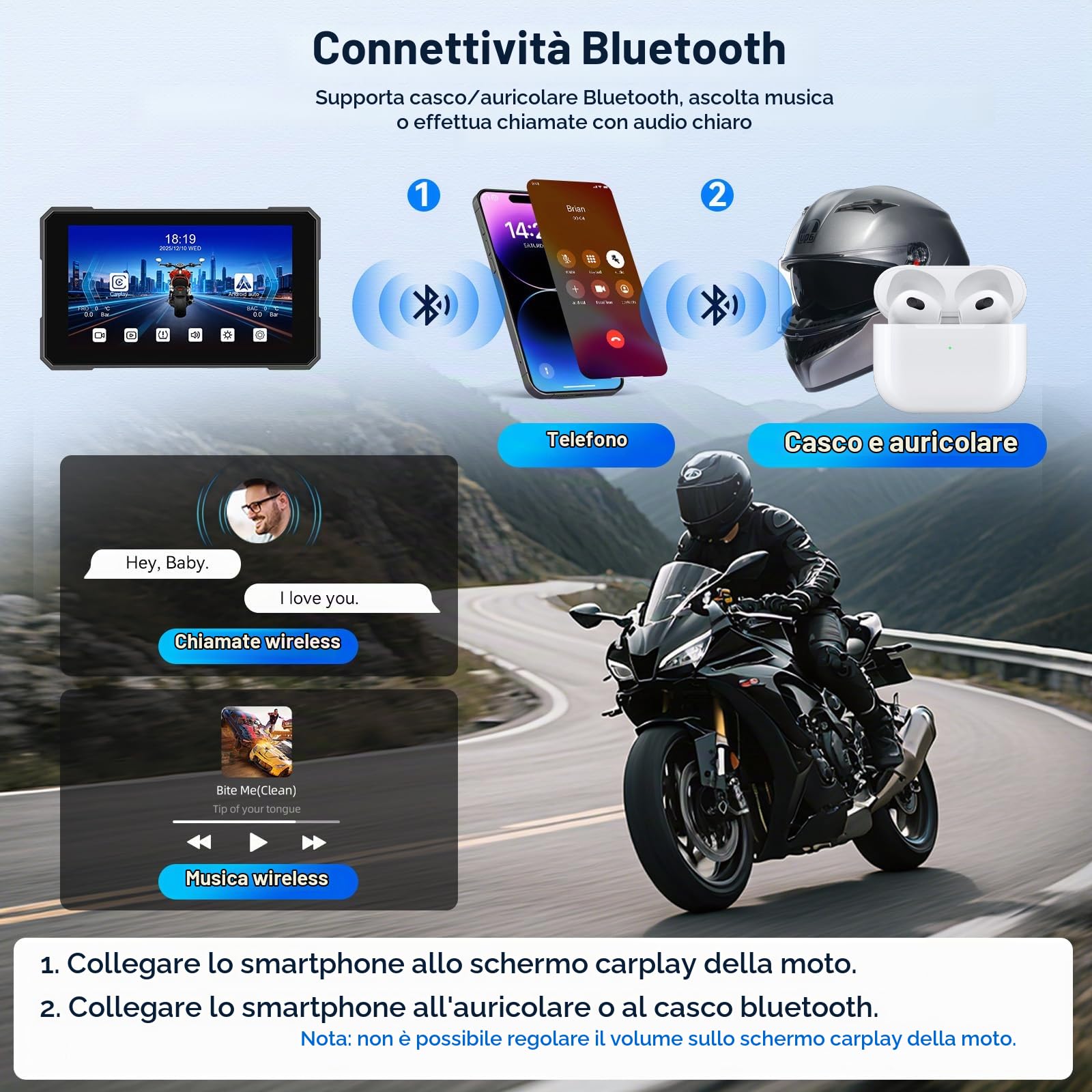 Carplay Moto 5 Pollici per Carplay Android Auto, Moto con Dashcam Anteriore Posteriore, GPS Dashcam Moto con APP, Navigazione GPS, Siri, G-oogle Assistant, Bluetooth, Impermeabile