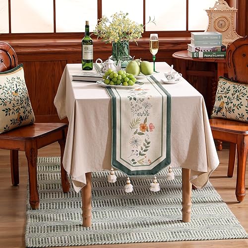 Miniatura 3 de Camino de tela floral verde rústico para mesa, lino decorativo de 63 pulgadas de largo, decoración de mesa para cocina, comedor, banquete, Acción de