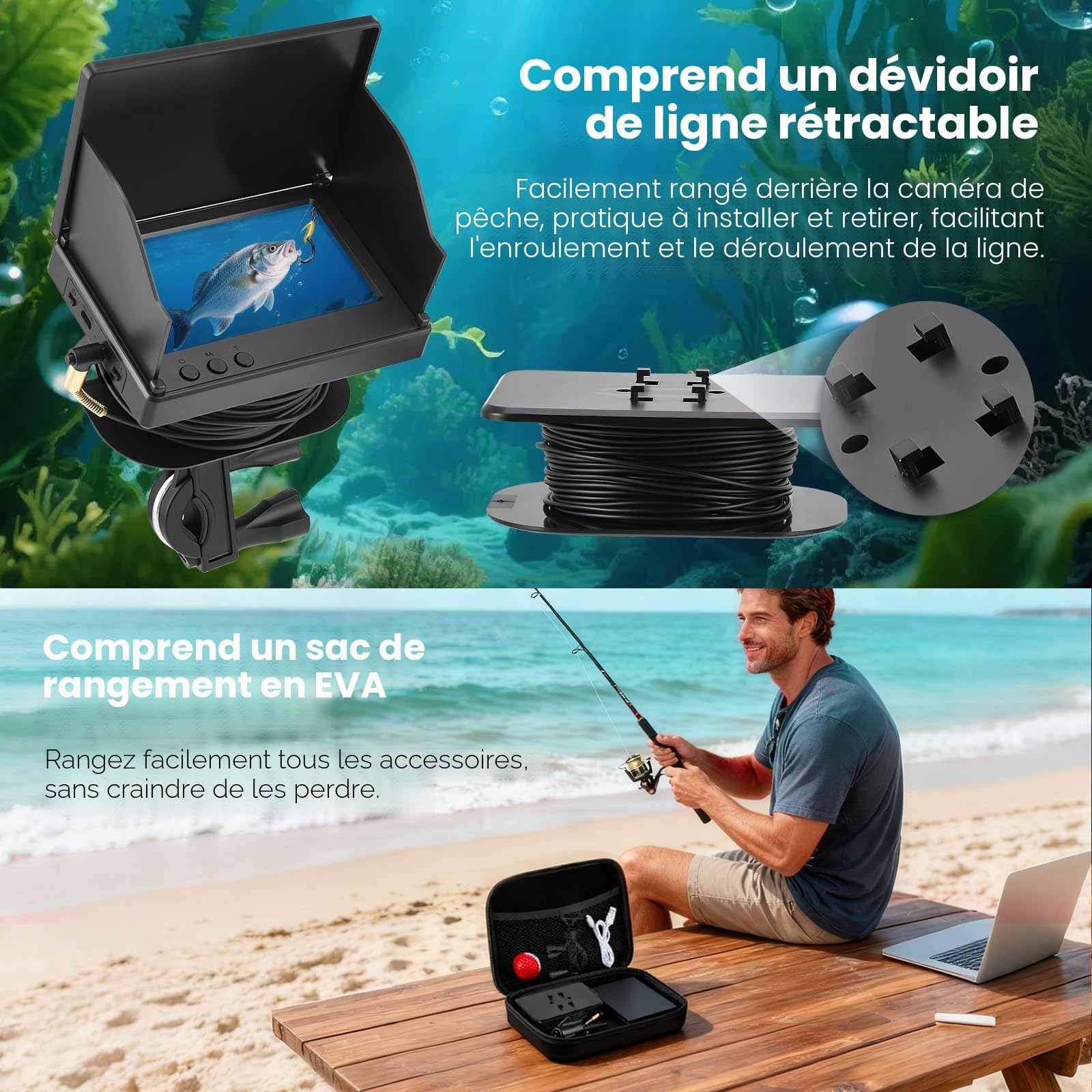 Sonar bathymètre, Fishfinder 4,3 pouces HD caméra sous-marine de pêche avec câble de 30 m, étanche IP65, batterie 5000 mAh, caméra sous-marine de pêche de nuit pour la pêche en mer, la pêche en