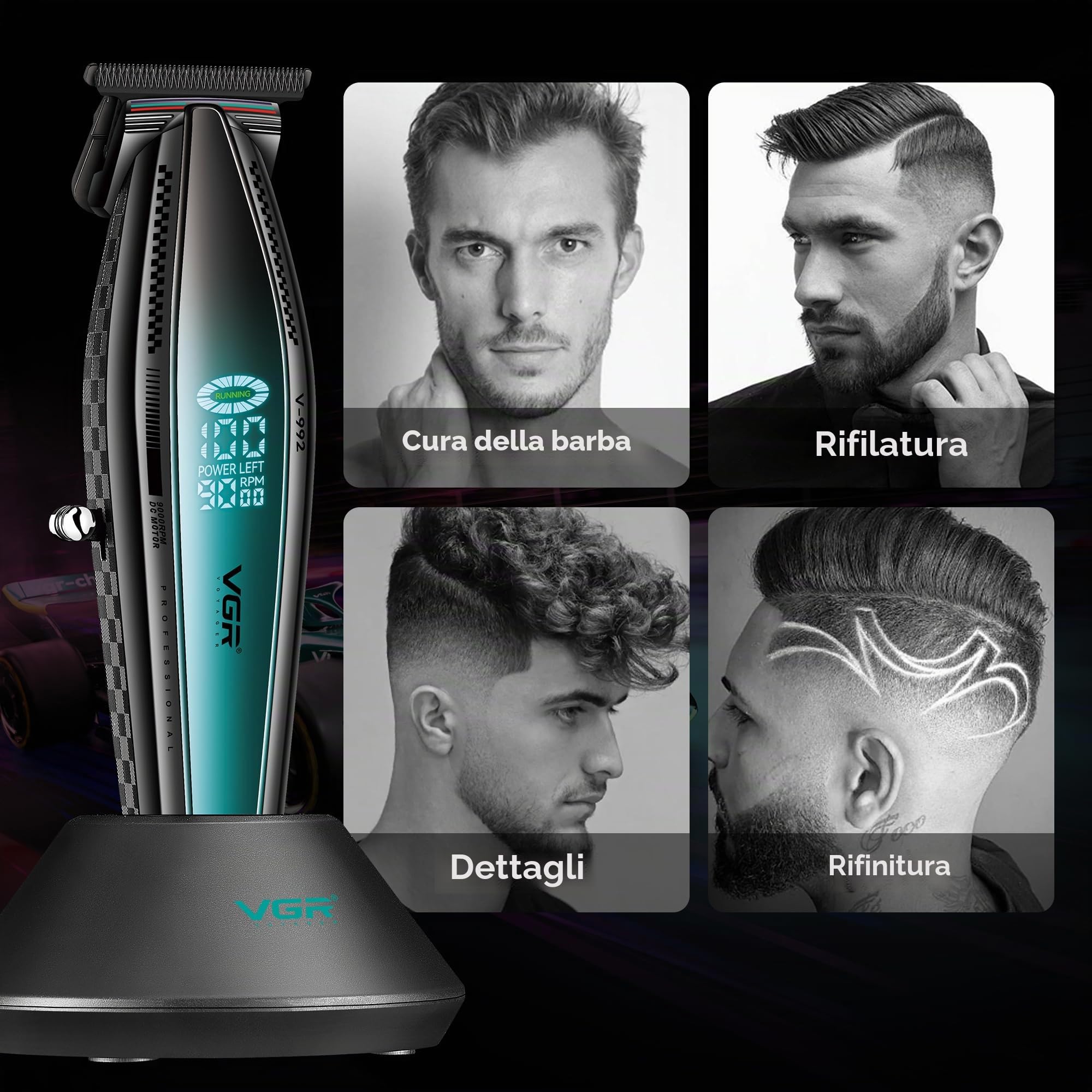 VGR Regolabarba professionale da uomo, motore elettrico DC 9000 giri/min, lama DLC T di precisione, batteria ricaricabile USB-C senza fili, batteria da 240 minuti con dock, dettaglio capelli da