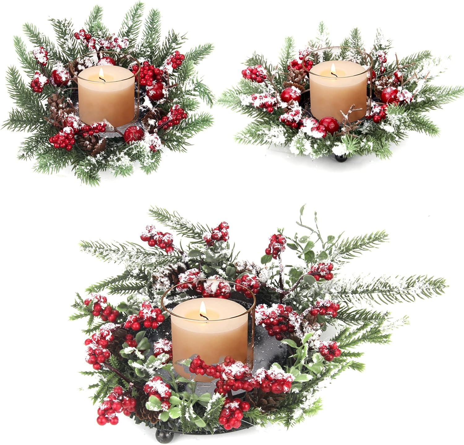 Christmas Candle Holder Centerpiece, Pine Needles and Red