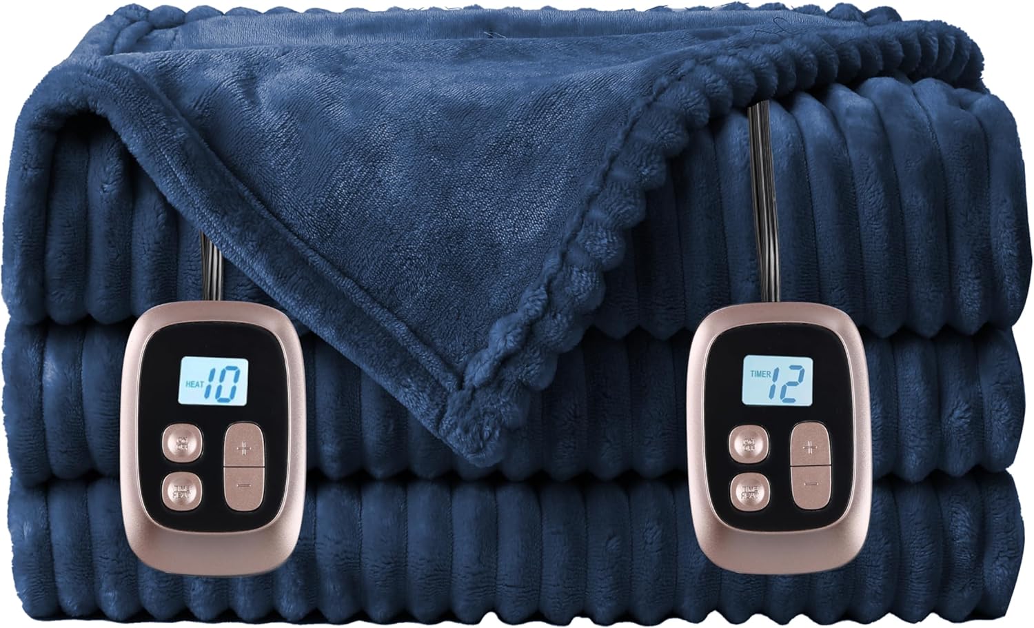 Electric Heated Blanket Queen Size - 84"x90", Soft Flannel Heating Blanket, 10 Heating Levels, 1-12 H Auto Shut Off, Dual Controllers, Breathable Warm and Washable for Bed, Navy Blue