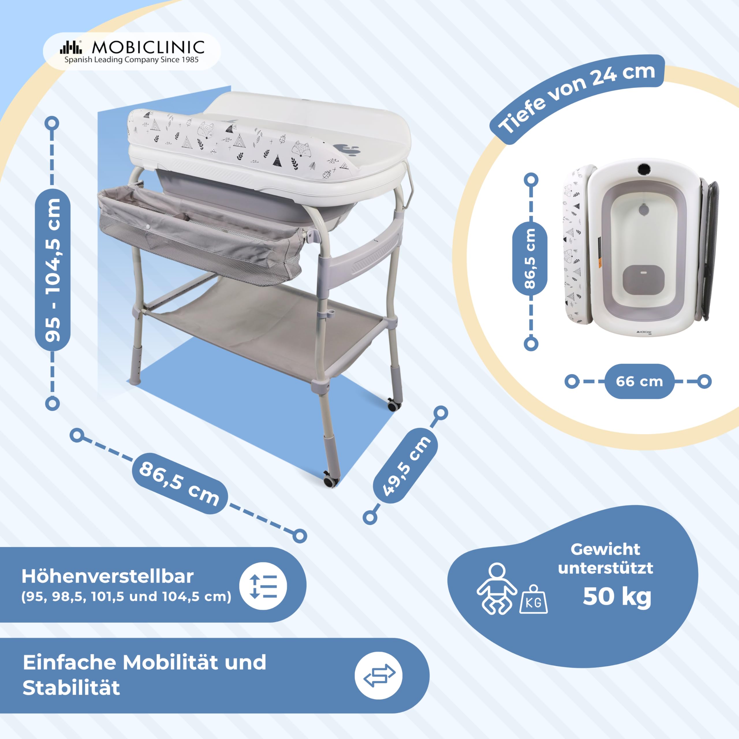 Mobiclinic® 2 in 1 Wickeltisch mit Badewanne, 4-fach höhenverstellbar, bis 50 kg, 0-36 Monate