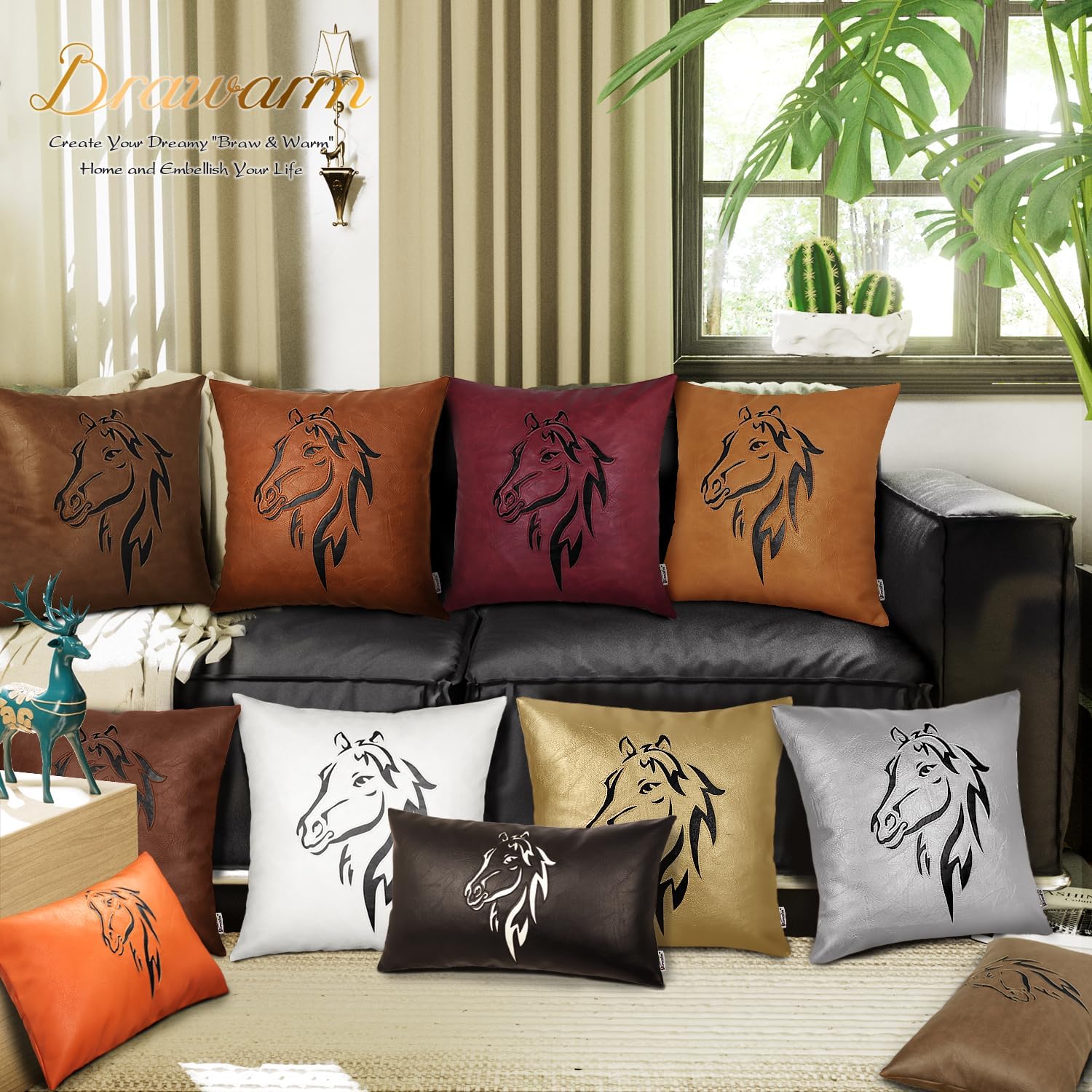 BRAWARM Leather Throw Pillow Cover 20 X 20 Inches - Coffee Faux Leather Pillow Cover Case, Luxury Horse Embroidery Faux Leather Throw Pillow for Couch Sofa Bed Home Decorative