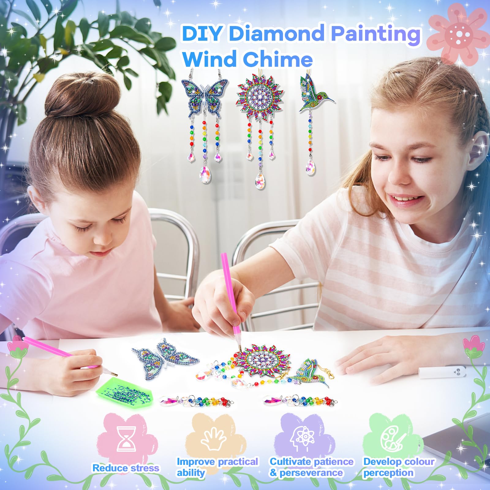 Kit artistico con diamanti per bambini dai 6 ai 12 anni: regali di compleanno per 7 8 9 10 anni ragazze adolescenti arti creative e mestieri per ragazze ragazzi fai da te campanelli a vento e