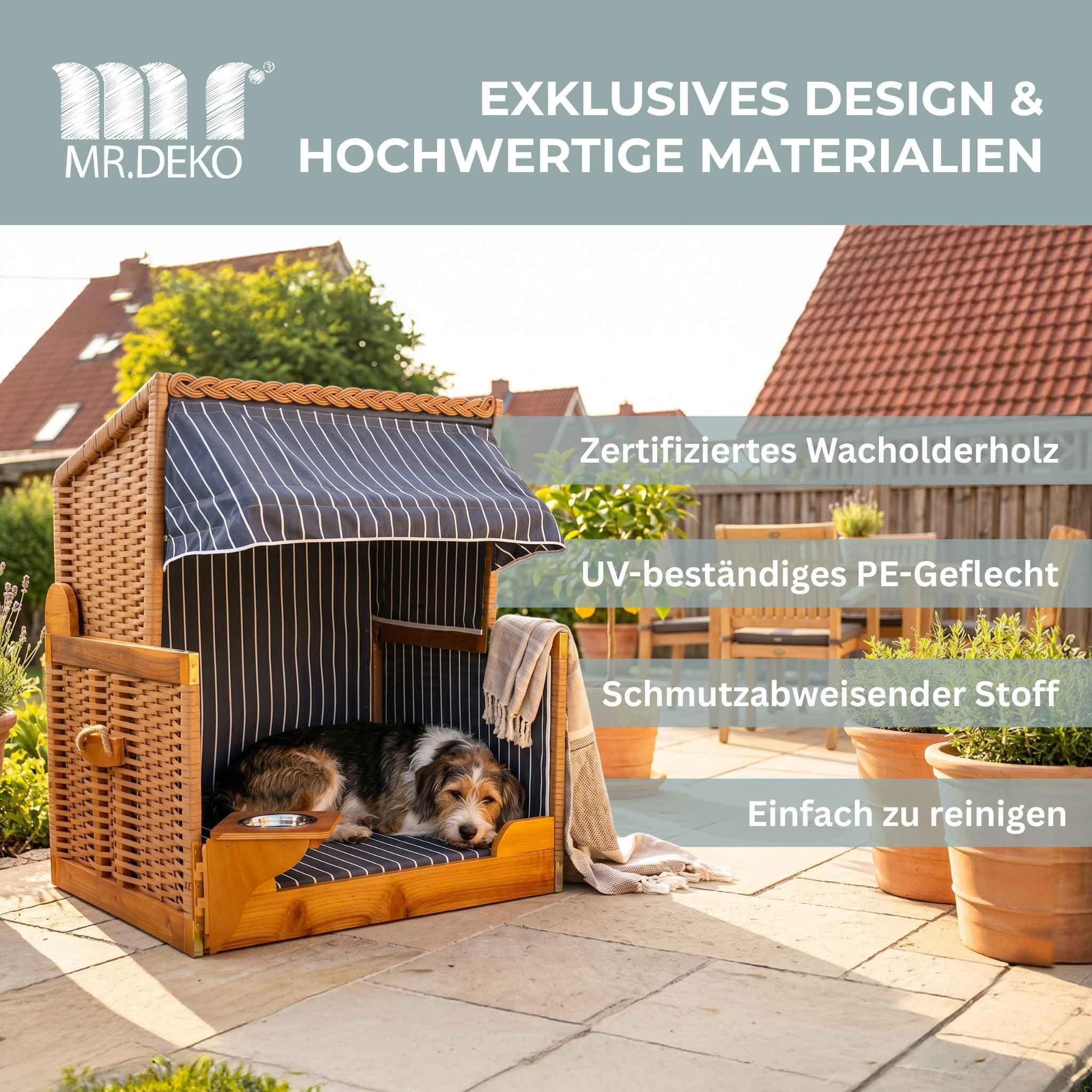 MR. DEKO® Panier Plage Chien genévrier PE Beige | Motif rayé Bleu | Niche extérieure ombragée | Protection Solaire Animaux | Couchage Chien Chat | Bol Eau pivotant INOX Inclus