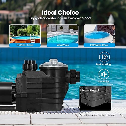 Miniatura 5 de VIVOHOME Bomba de piscina de doble voltaje de 2.5 HP, autocebado de alta elevación de 78 pies, ahorro de energía DOE, conectores de 1.5 y 2 pulgadas