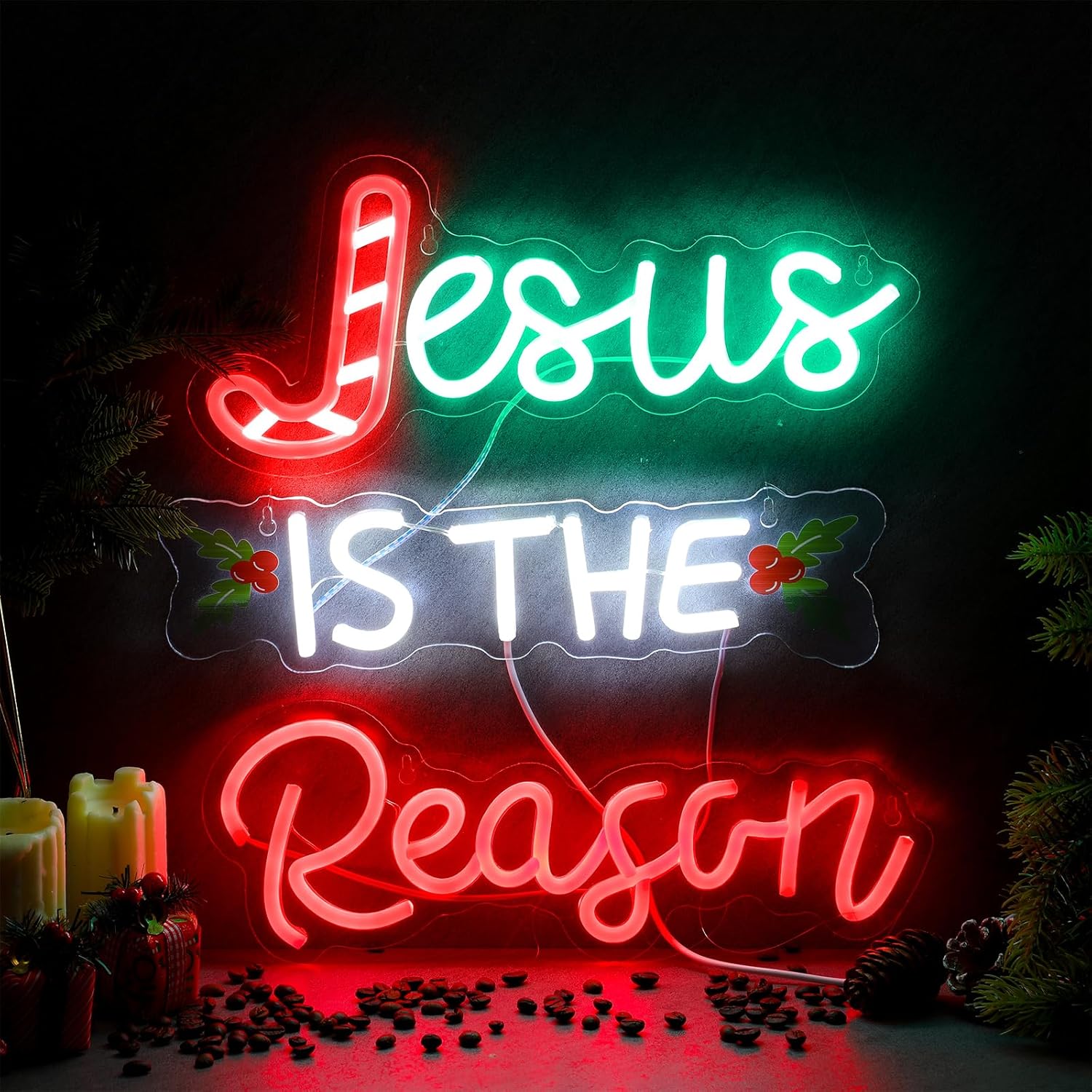 Jesus Is the Reason Neon Sign Christmas LED Sign Lighted Wall Art Decoration Neon Light USB Powered for Ceremony Party Bar Home Birthday Bible Church Decor Gift(Stylish)