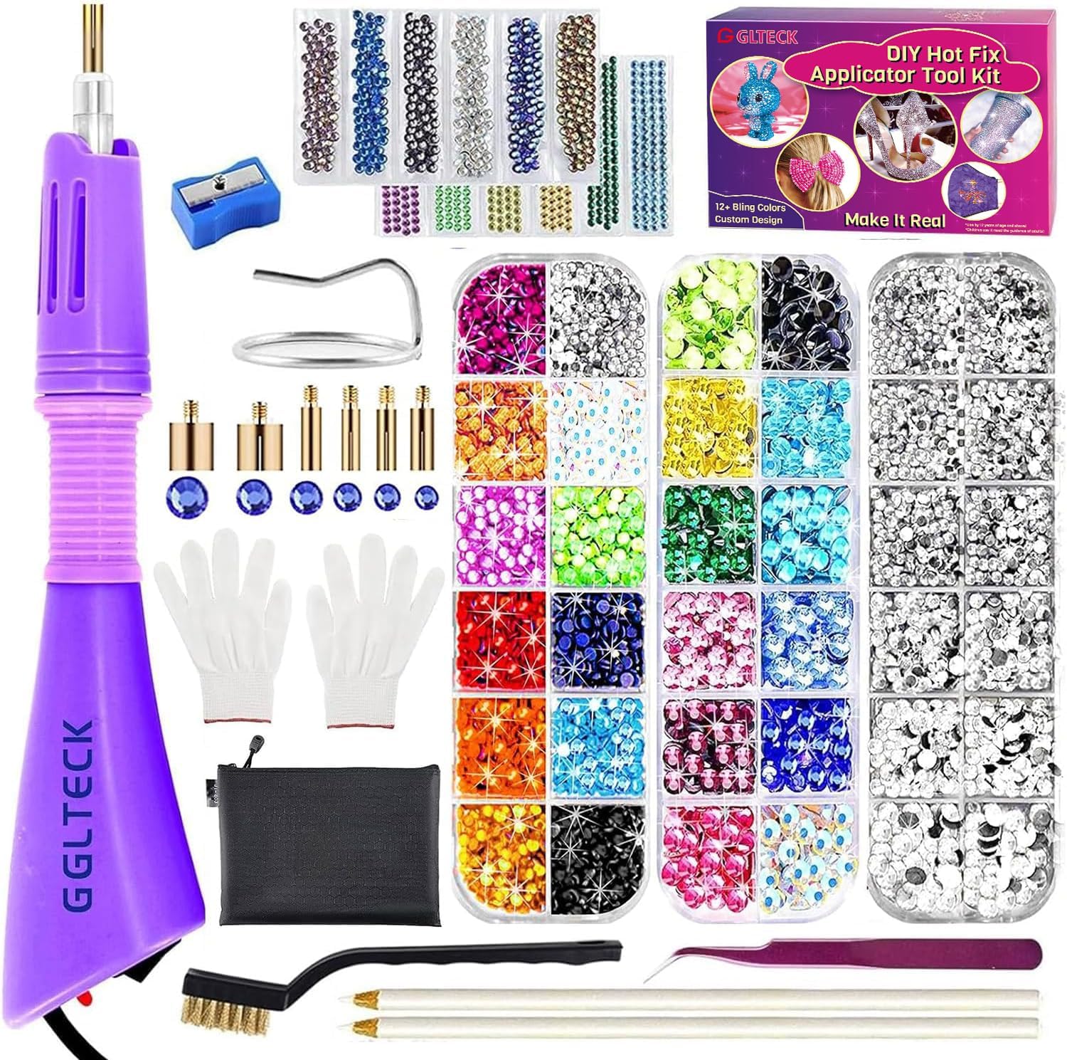Hotfix Applicator, GLTECK DIY Hot Fix Rhinestone Applicator Wand Setter Tool Kit with 7 Different Sizes Tips, Tweezers & Brush Cleaning kit and 2 Pack Hot-Fix Crystal Rhinestones