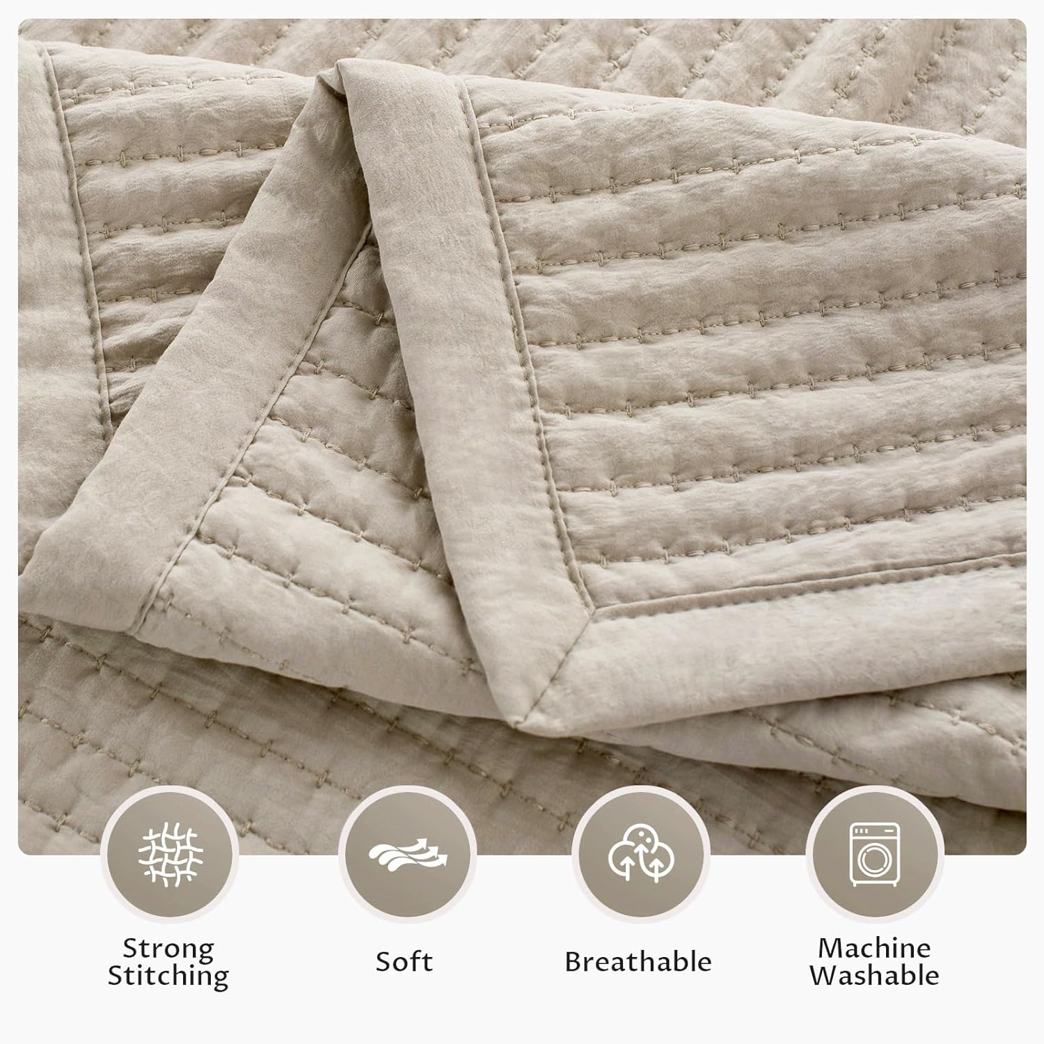 KASENTEX King XL Quilt Set 108"x98" – Soft Washed 3-Layer Lightweight Bedspread, Minimalist Nordic Design, All-Season Spring & Summer Quilt Set (1 Quilt + 2 Pillow Shams),Light Taupe - Image 5