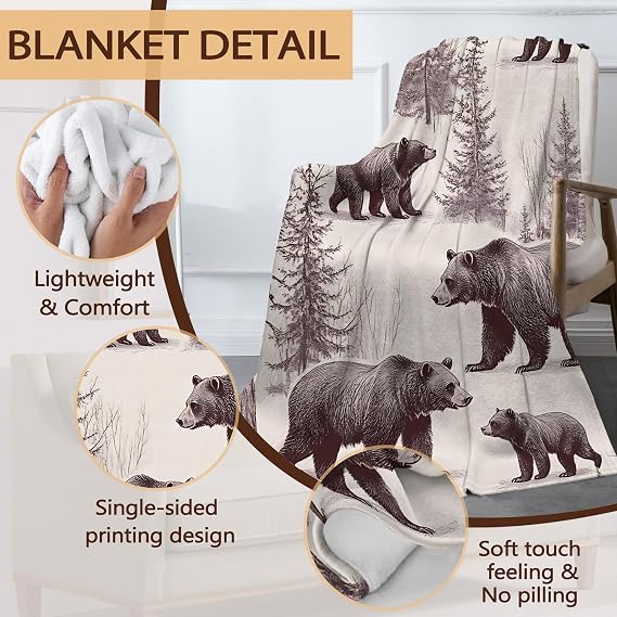 Forest Bear Fall Throw Blanket、ビンテージアニマル、居間装飾用、軽量フリーススロー、カウチ、ベッド、旅行、昼寝、読書用、50×60インチ