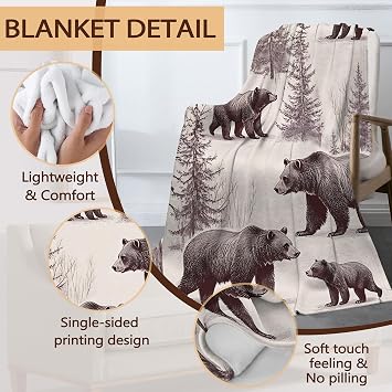 Forest Bear Fall Throw Blanket、ビンテージアニマル、居間装飾用、軽量フリーススロー、カウチ、ベッド、旅行、昼寝、読書用、50×60インチ