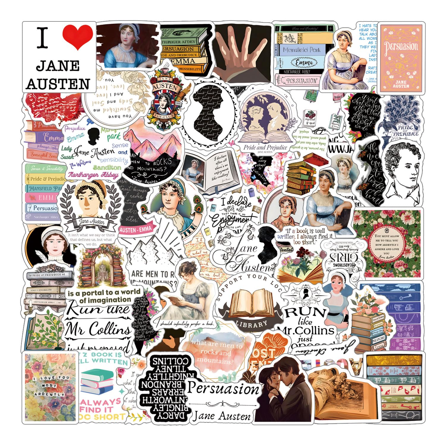 62Pcs Jane Austen Stickers Pack, British Novelist Aesthetic Vinyl Waterproof Decals for Water Bottle,Laptop,Phone,Scrapbooking,Journaling Gifts for Adults Teens Kids for Party Supply Favor Decor