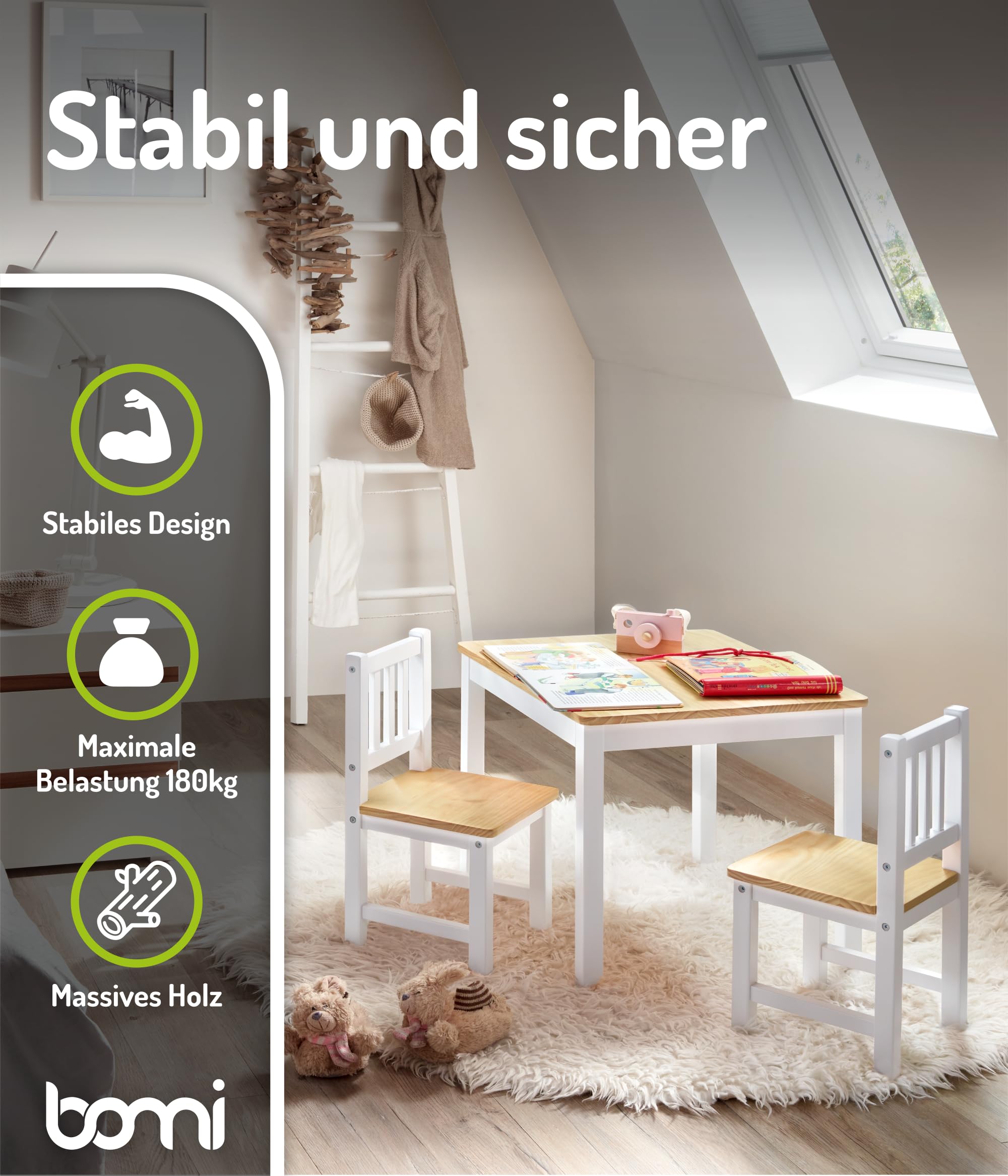 Bomi Kindersitzgruppe Holz Amy | Kindertisch mit 2 Stühlen | Tisch & Stühle Kinderzimmer Set | Spieltisch ab 1 Jahr | Kindertisch für drinnen | Maltisch & Basteltisch Kinder | Kindermöbel Weiß Natur
