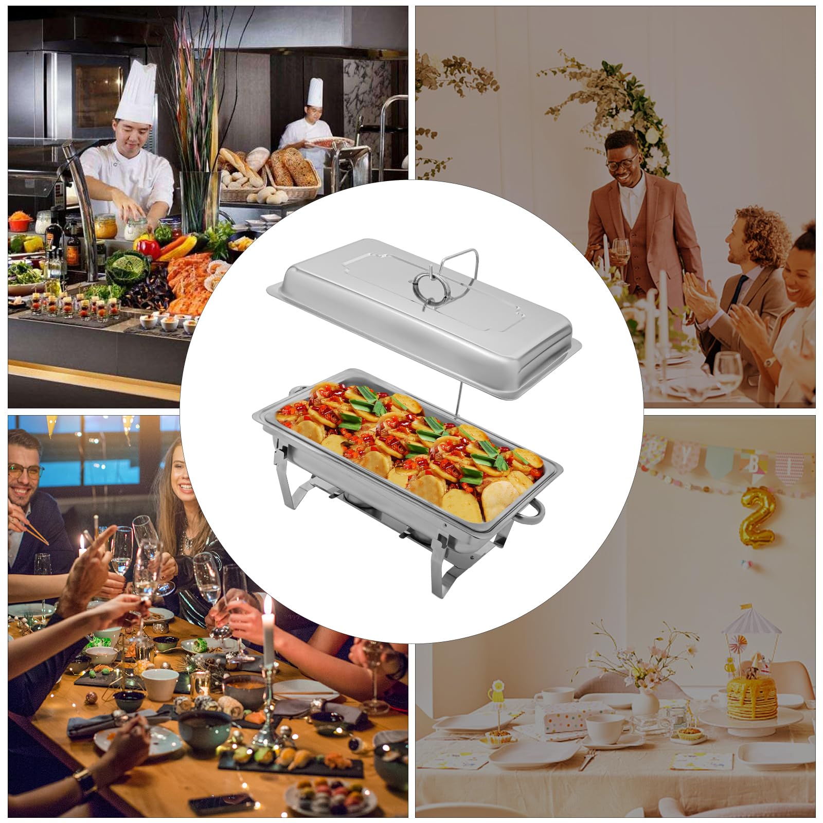 Scaldalibi da 9 l, contenitore termico in acciaio inox, telaio pieghevole in acciaio inox, set da buffet argentato, rettangolare, per catering buffet e feste (1 vassoio)