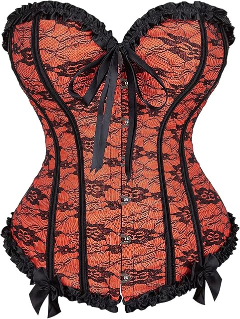 Josamogre Corset Bustier Top Overbust Womens Floral Lace Trim Satin Waist Cincher Plus Size Black and Red Cosplay Costume Renaissance