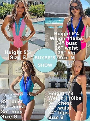 Vista 3 de BIKINX Traje de baño de una pieza para mujer, traje de baño con control de abdomen, cuello alto, cremallera frontal, monokini bloque