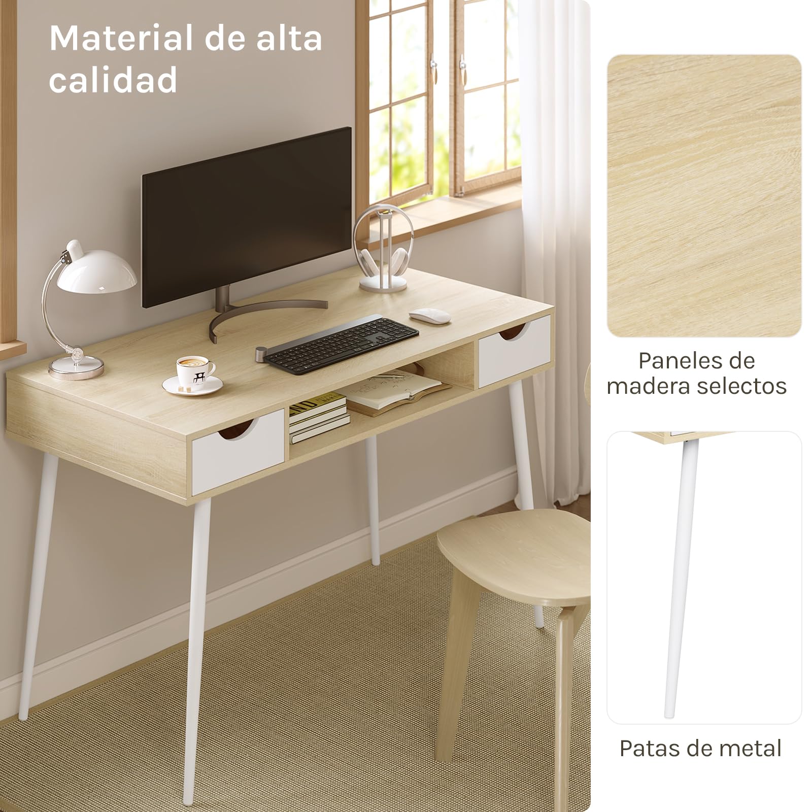 WOLTU Escritorio, Mesa PC | Con 2 Cajones y Estante Abierto, 120x58x75cm, para Salón, Estructura Acero