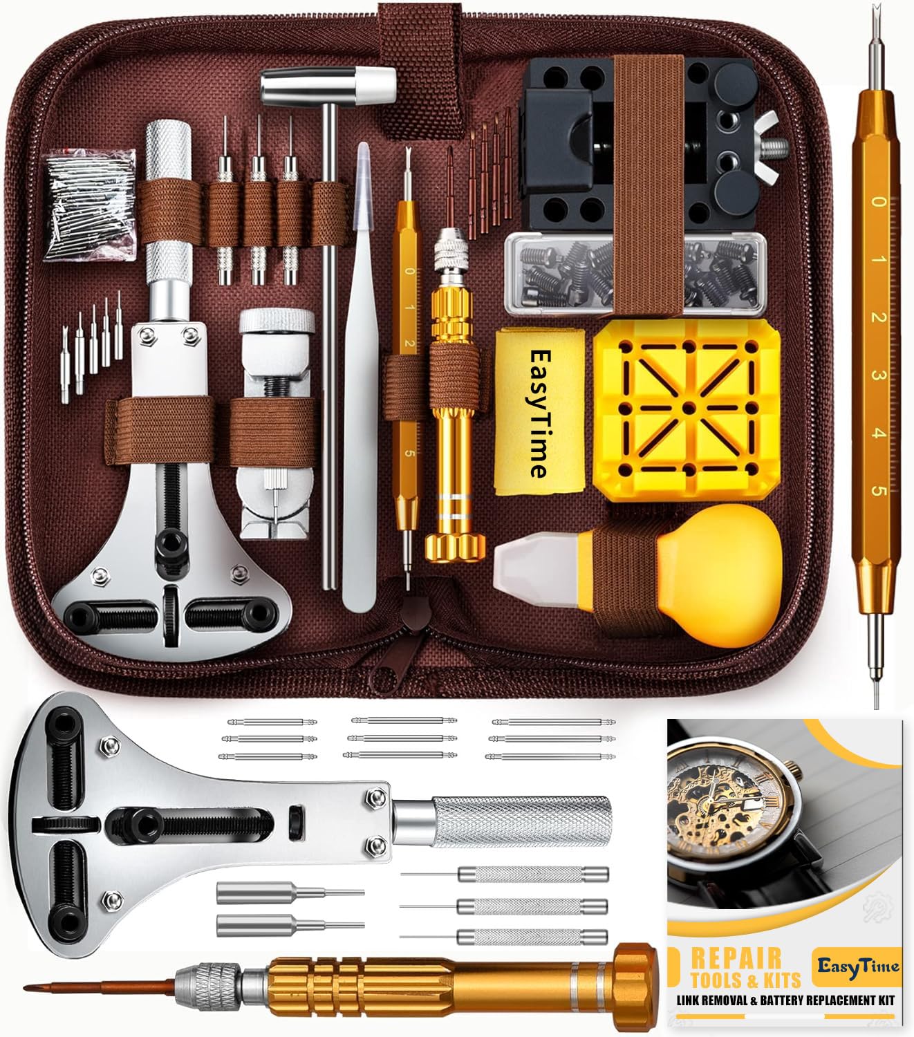 EasyTime Professional Watch Repair Kit, Watch Band Tool Link Pin Remover Set, Including Watch Back Case Opener, Spring Bar and Operation Manual, Suitable for Battery Replacement and Strap Adjustment