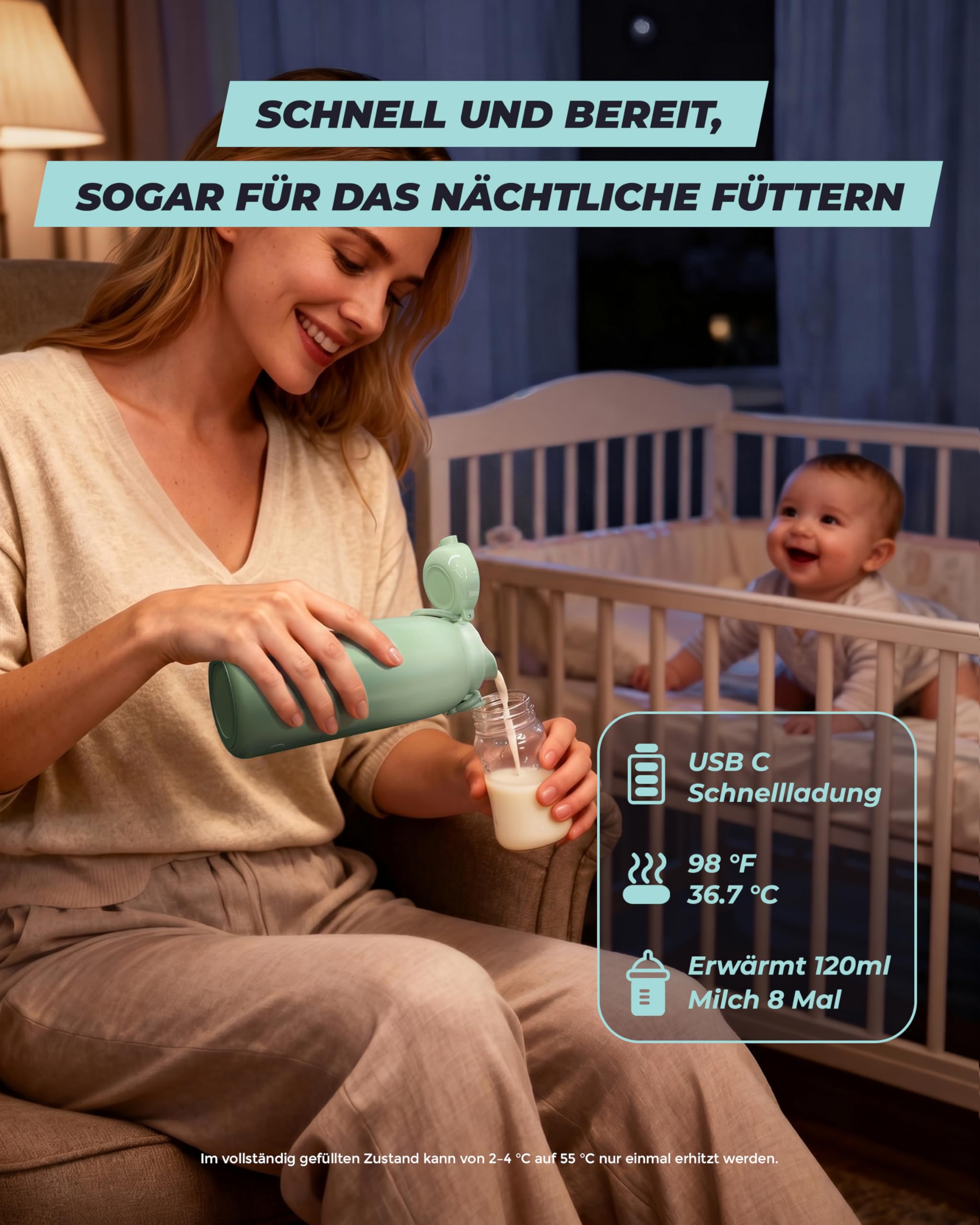 Tragbarer Flaschenwärmer Baby für unterwegs mit Selbstreinigungsfunktion, 100W Schnellaufwärmung, Präzise Temperaturkontrolle, 450 ml Kapazität, Akku für 2–3 Erwärmungen einer vollen Flasche