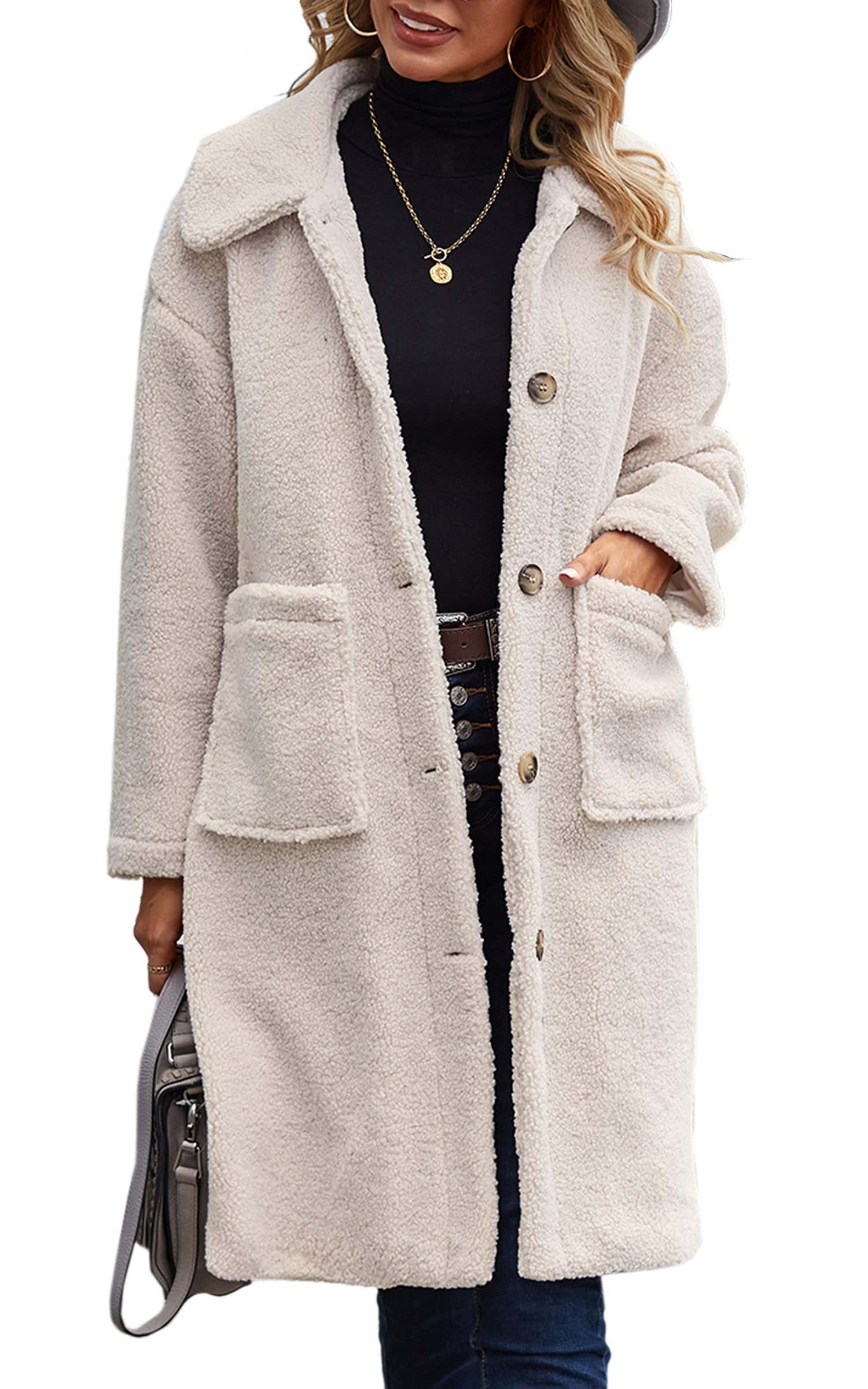 Angashion Women's Fuzzy Fleece Lapel Open Front Long Cardigan Coat Faux