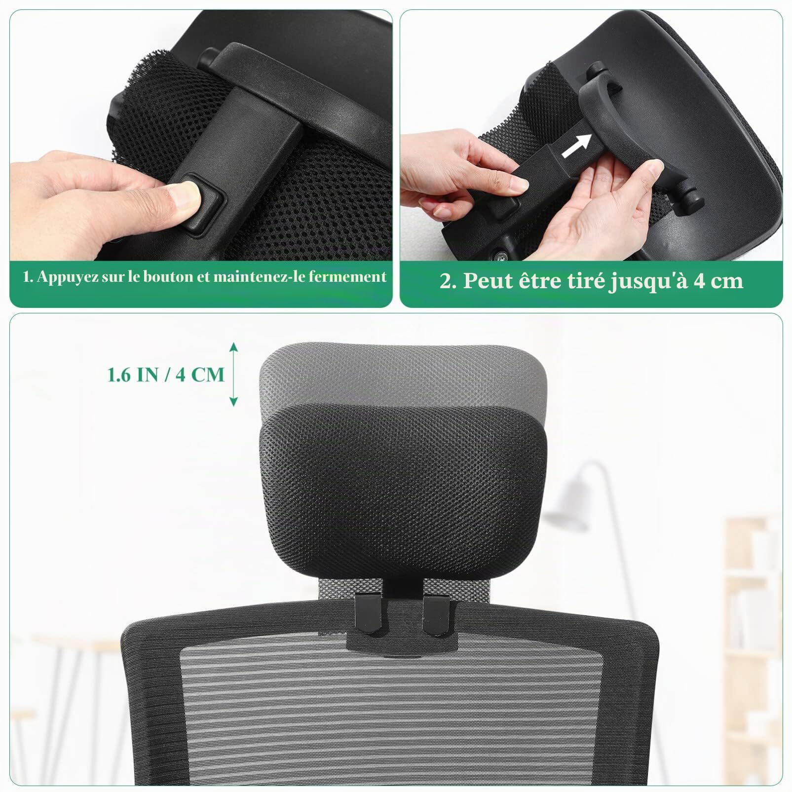 TOYANDONA Support de tête pour chaise de bureau, hauteur et angle réglables pour chaise de bureau