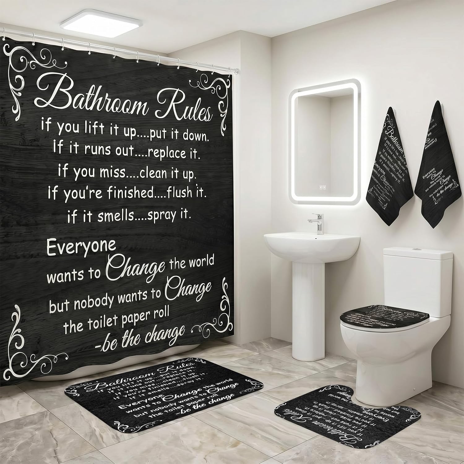 Irenare 6 Pcs Black Spellbook Shower Curtain Sets Funny Bathroom Rules Decor Set with Shower Curtain Rugs Non Slip Toilet Lid Cover and 2 Hand Towels Bathroom Accessories Rustic Home Bath Decor