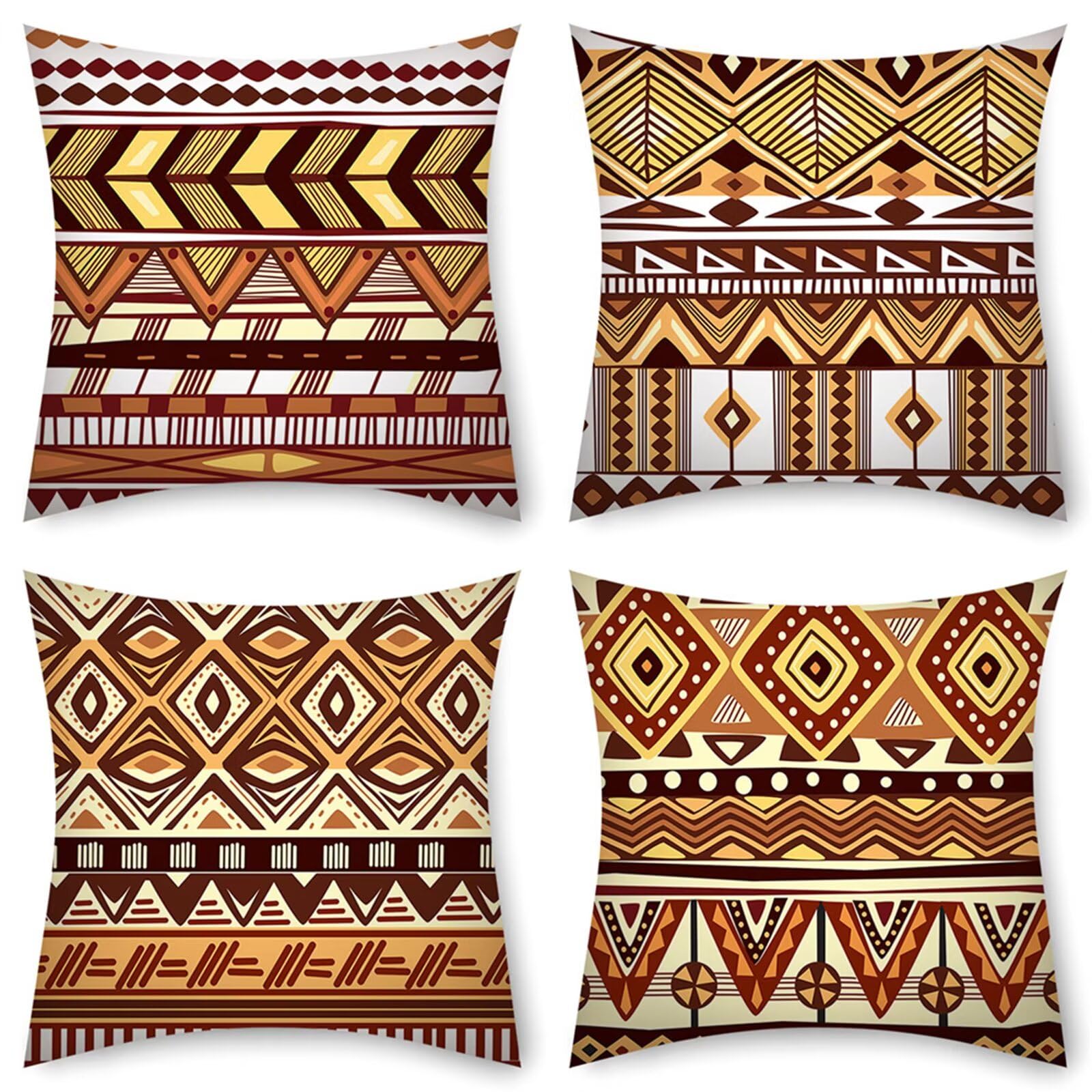 Juego de 4 Impermeable Funda de Cojín Geometría Retro,55x55cm Moderno Suave Transpirables Lino Fundas de Almohada Cojines Decorativos con Cremallera Oculta para Exterior Sofá Cama Coche Hogar