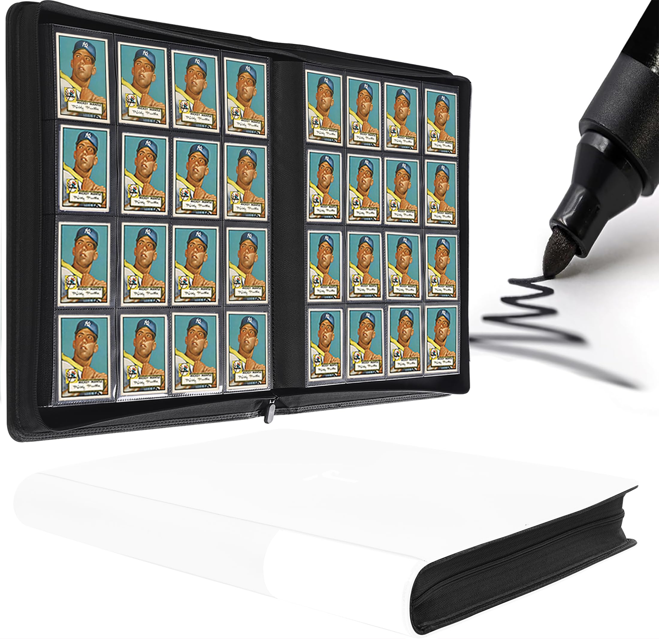 Premium-Sammelkartenbinder, 16 Fächer, hält bis zu 1600 Karten mit ringlosen 50 doppelseitigen Hüllen, Etiketten-Design mit Stift, seitliche Ladekartensammlung, Albumordner mit Reißverschluss für TCG