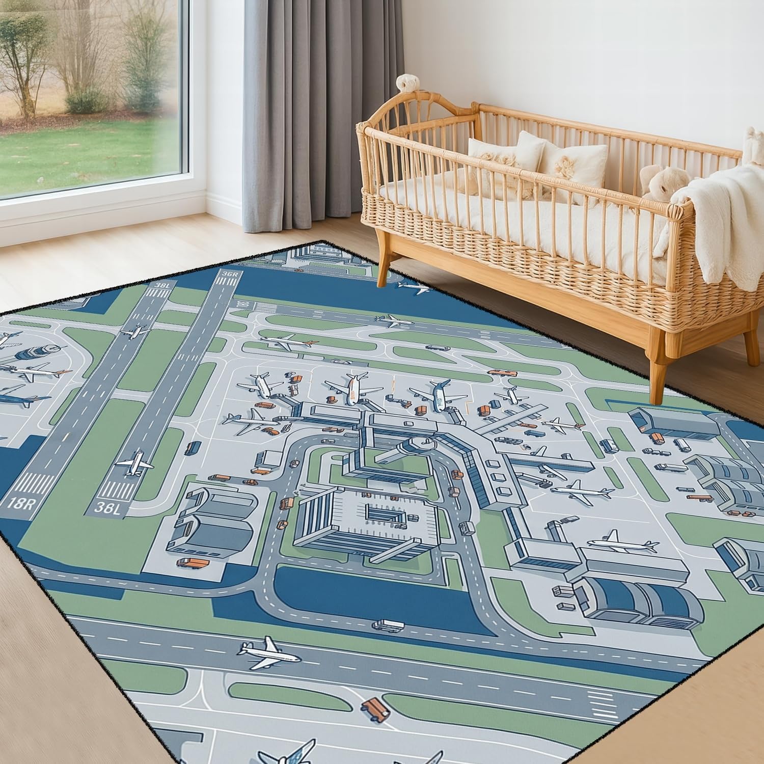 SMXVRC Childrens Aeroplane Area Rug, 180x300cm, Blue Aeroplane Runway Rug for Boys Bedroom, Modern City Traffic Aircraft Carpet for Indoor, Fade Resistant Throw Mat for Playroom