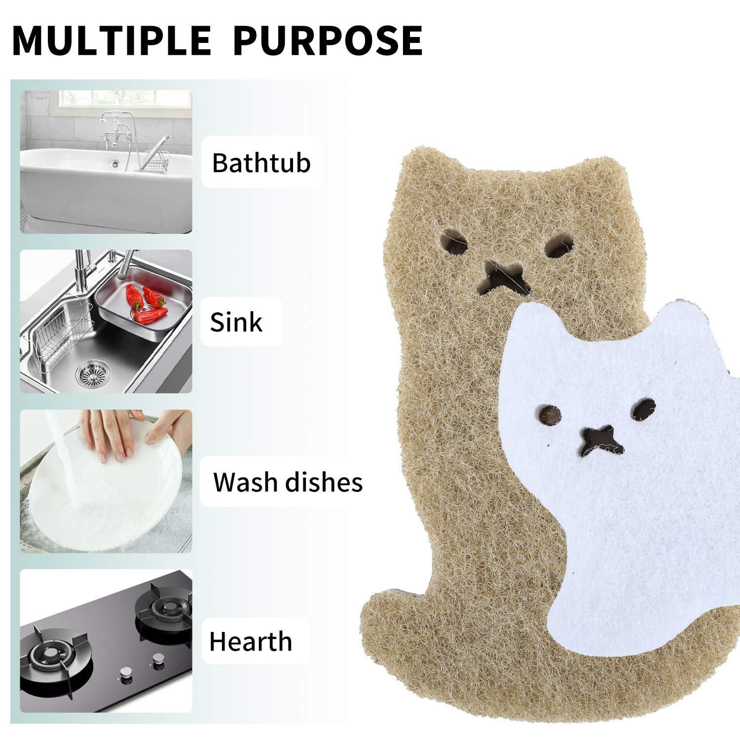 Spugne da cucina, antiscivolo, multiuso, resistenti, per piatti, pentole e padelle, a tre strati, a forma di gatto (confezione da 4) (gatto)
