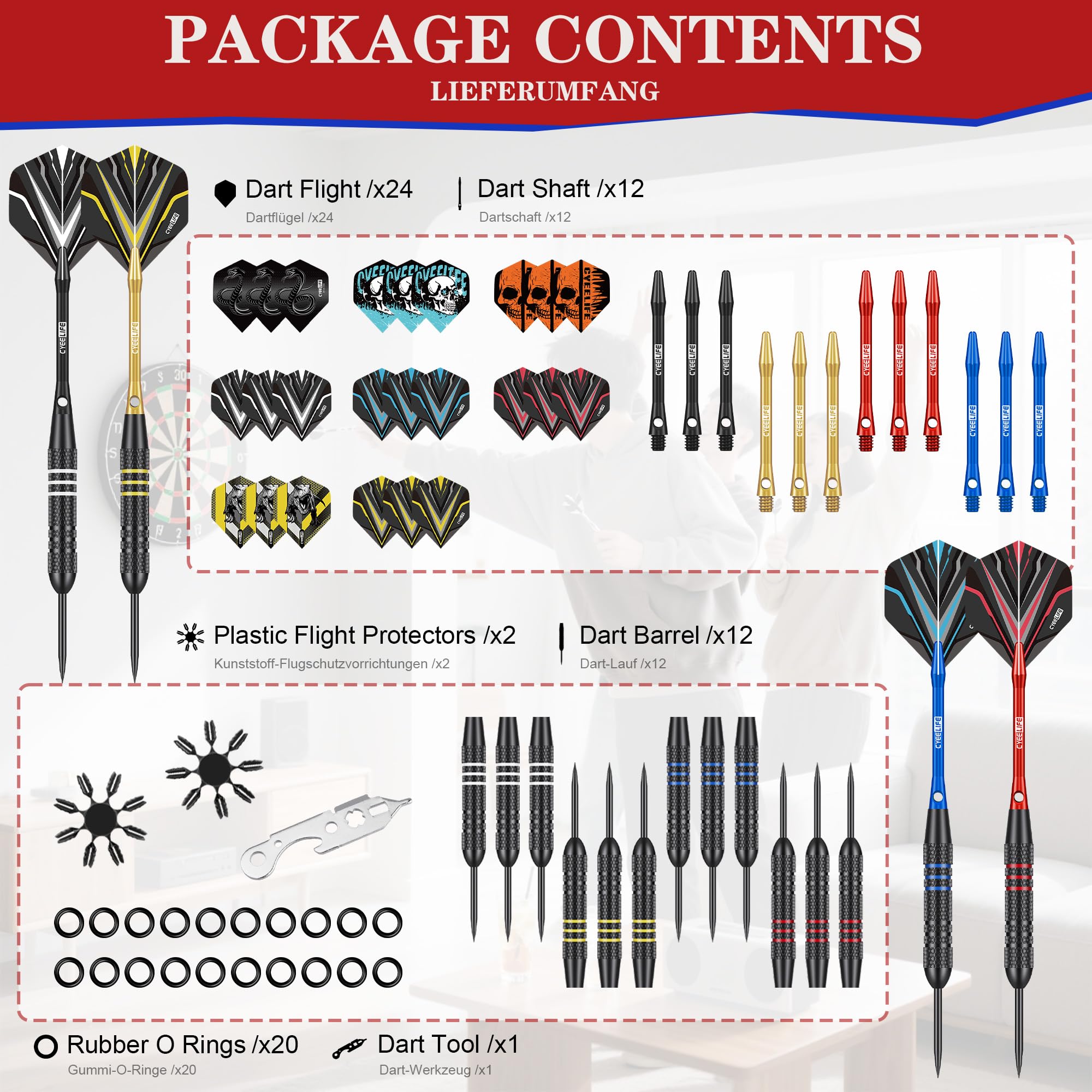 CyeeLife Fléchettes avec Pointe Métallique, 12 Professionnelles Fléchettes Pointe Acier, Set de Fléchettes avec tiges en Aluminium, Vols, aiguiseur, Outil avec Joints en Caoutchouc