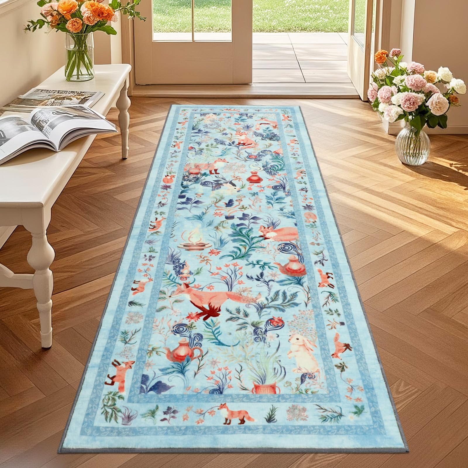 GEANUP Runner Rugs for Hallway 60×180cm, Blue Washable Kitchen Carpet Runner Non-Slip, Fairytale Fox Hall Carpet Floor Mat for Entryway Kids Bedroom Laundry Living Room Non Shedding — image 1