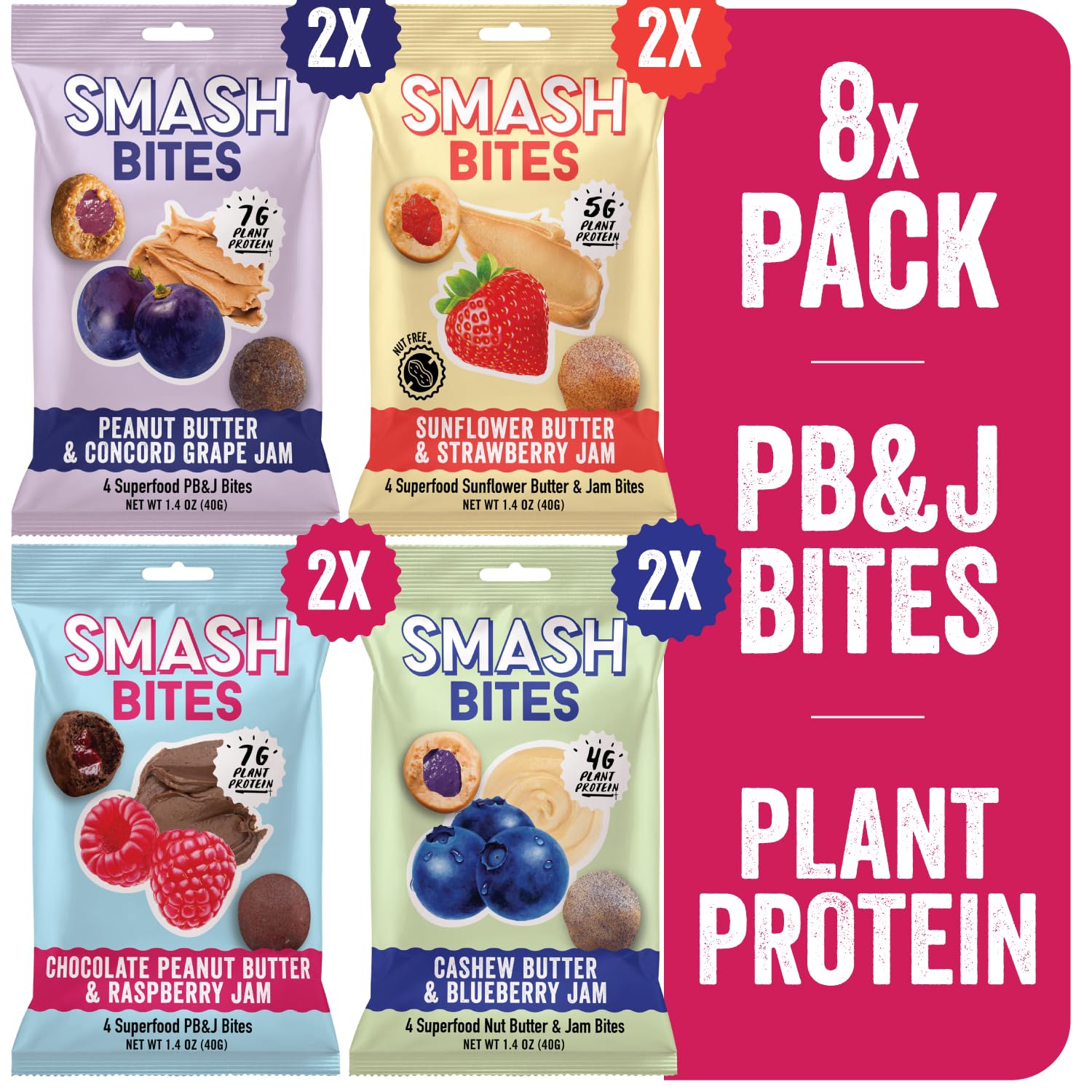 Smash Bites Discontinued Variety Pack: Nut Butter & Jam Snack Bites Rich Nut Buttery Shell With Gooey Jam Burst | Plant-Based Ingredients, Energy & Protein Packed, Gluten-Free Snack Balls | 2x Bags Each Flavor