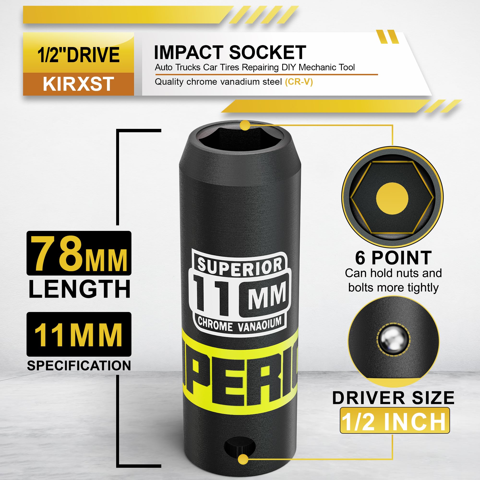 KIRXST 1/2" Drive 11mm Deep Impact Socket, 6 Point CR-V Deep Socket, 78mm Length, Auto Trucks Car Tires Repairing DIY Mechanic Tool - Image 2