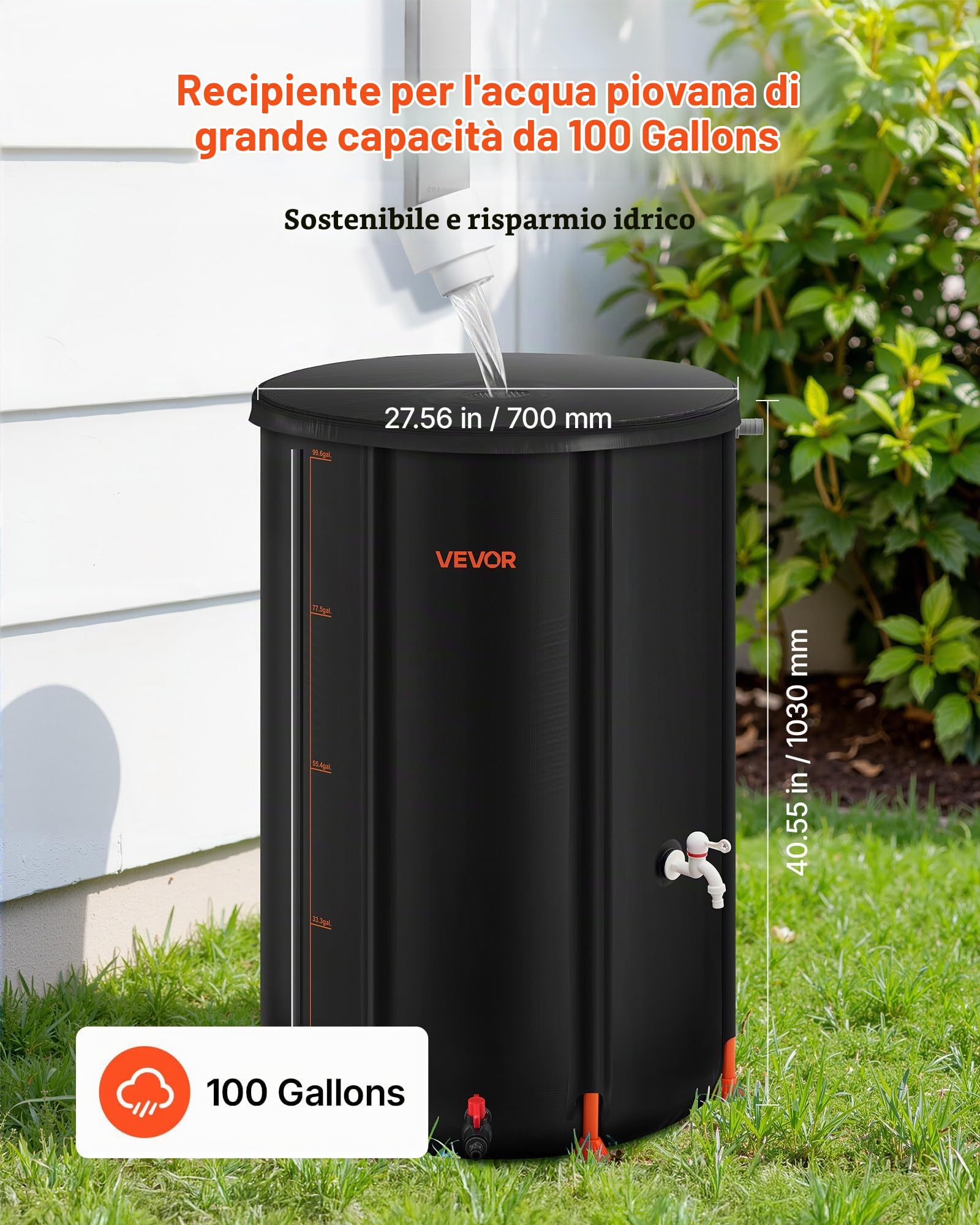 VEVOR Barile di Raccolta dell'Acqua Piovana Pieghevole, 380 L, Sistema di Raccolta dell'Acqua Piovana, Contenitore da Giardino con Rubinetto e Kit di Troppo Pieno e 7 Aste di Supporto, Nero