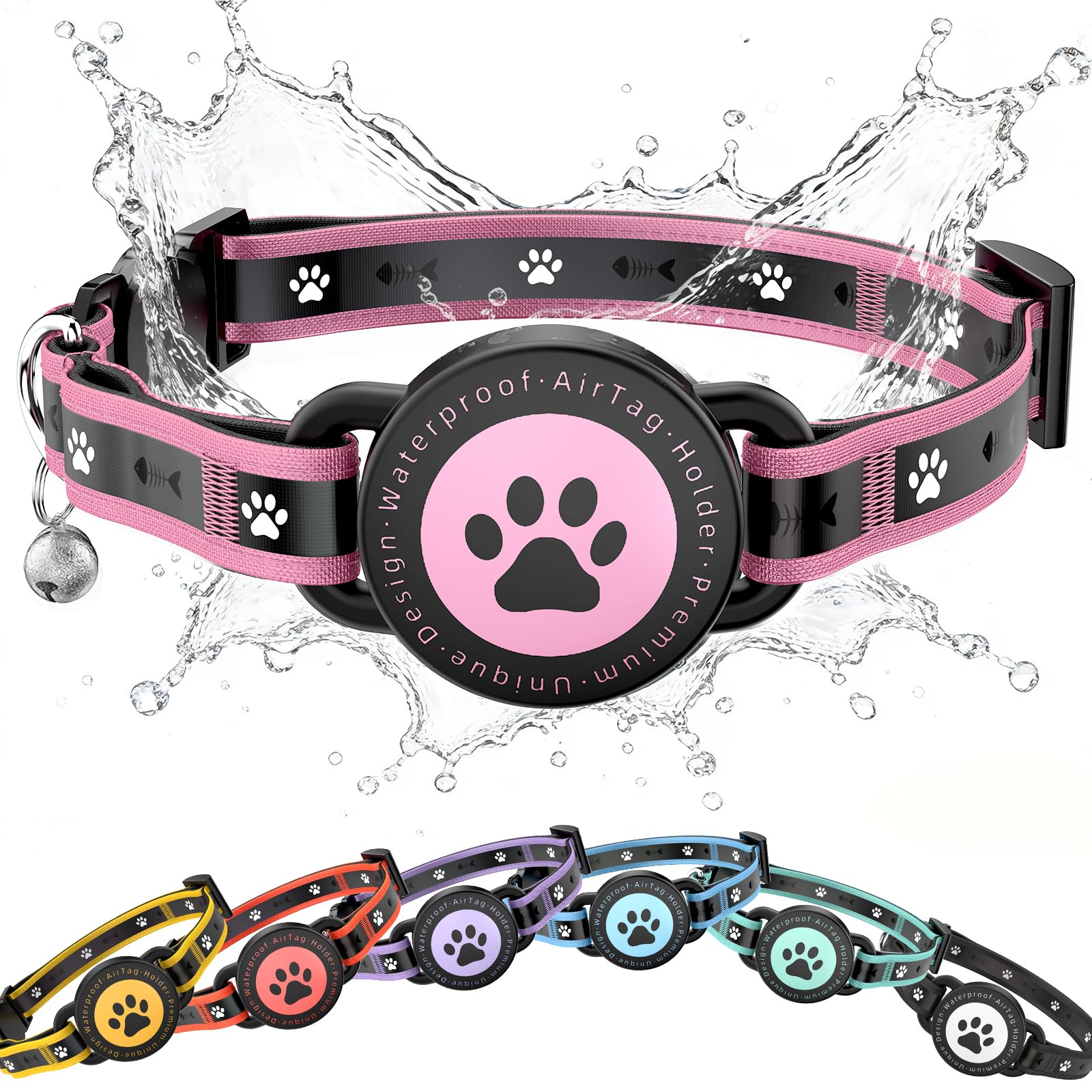 Airtag - Collar de gato Breakaway, collar reflectante para gatito con soporte para Apple Air Tag y campana, acolchado cómodo, ajustable, duradero, se adapta a gatos y niñas (rosa, XS)