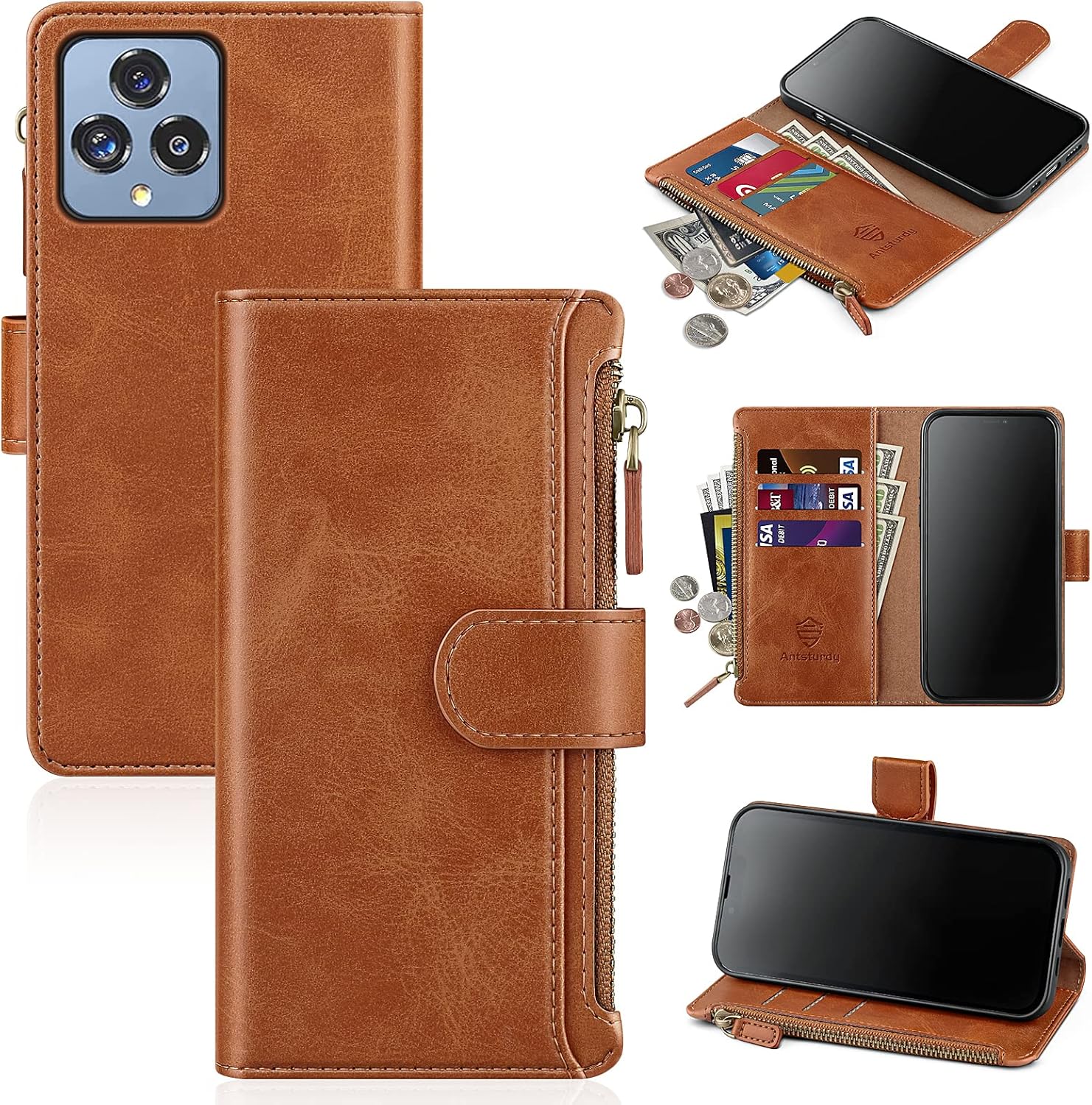 Antsturdy Compatible with T-Mobile Revvl 6 5G case Wallet with Card Holder for Women Men Phone case RFID Blocking PU Leather Flip Shockproof Cover with Strap Zipper Credit Card Slots,Beige