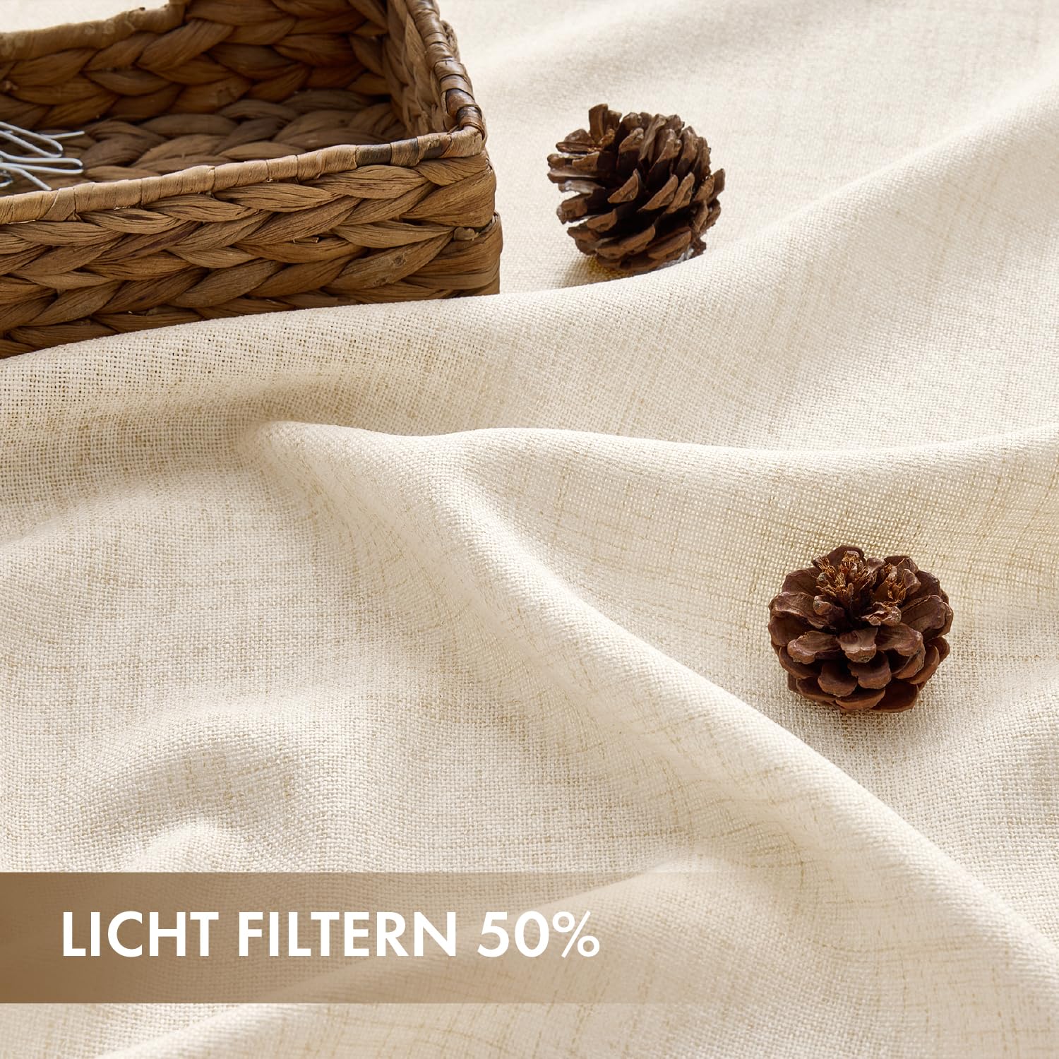 MIULEE Rideaux Aspect Lin Beige avec Ruban Lot de 2 140x260 cm | Tissu aspect lin semi-transparent pour salon et chambre; ruban pour une pose facile.