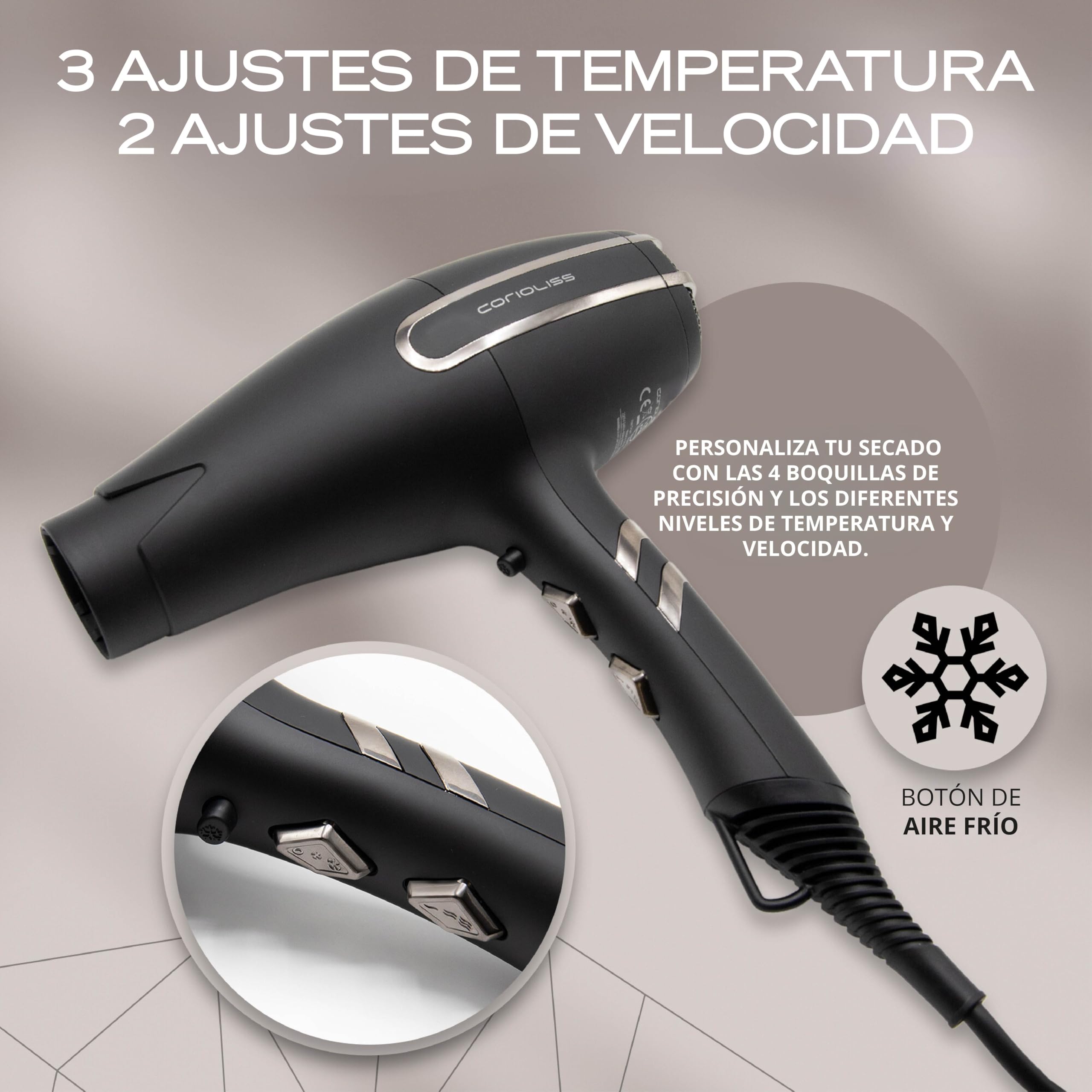 Corioliss ARC Secador Pelo Profesional Iónico | Silencioso 75 Db | Ligero 430 Gr.| Motor BLDC Ultima Generación | Potente 2400W | 4 Boquillas